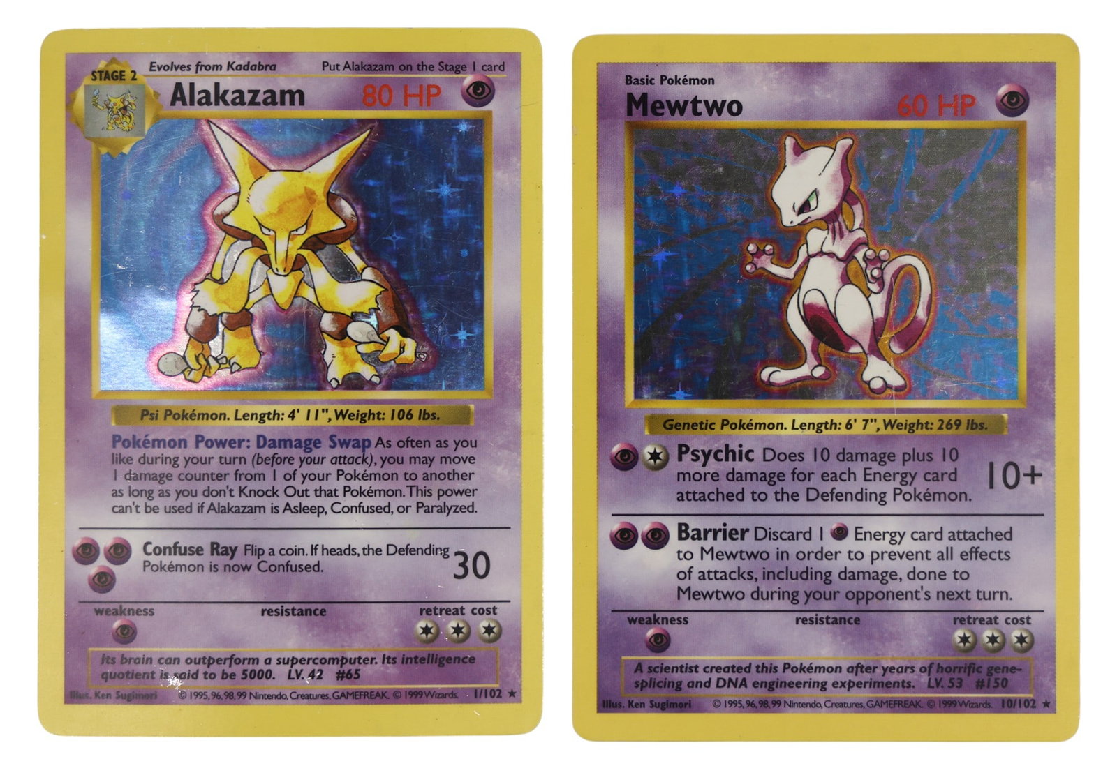 2pc 1999 Pokemon Base Set Shadowless Mewtwo and Alakazam: 2pc 1999 Pokemon Base Set Shadowless Mewtwo and Alakazam. LP to MP condition with edge wear and surface scratches.