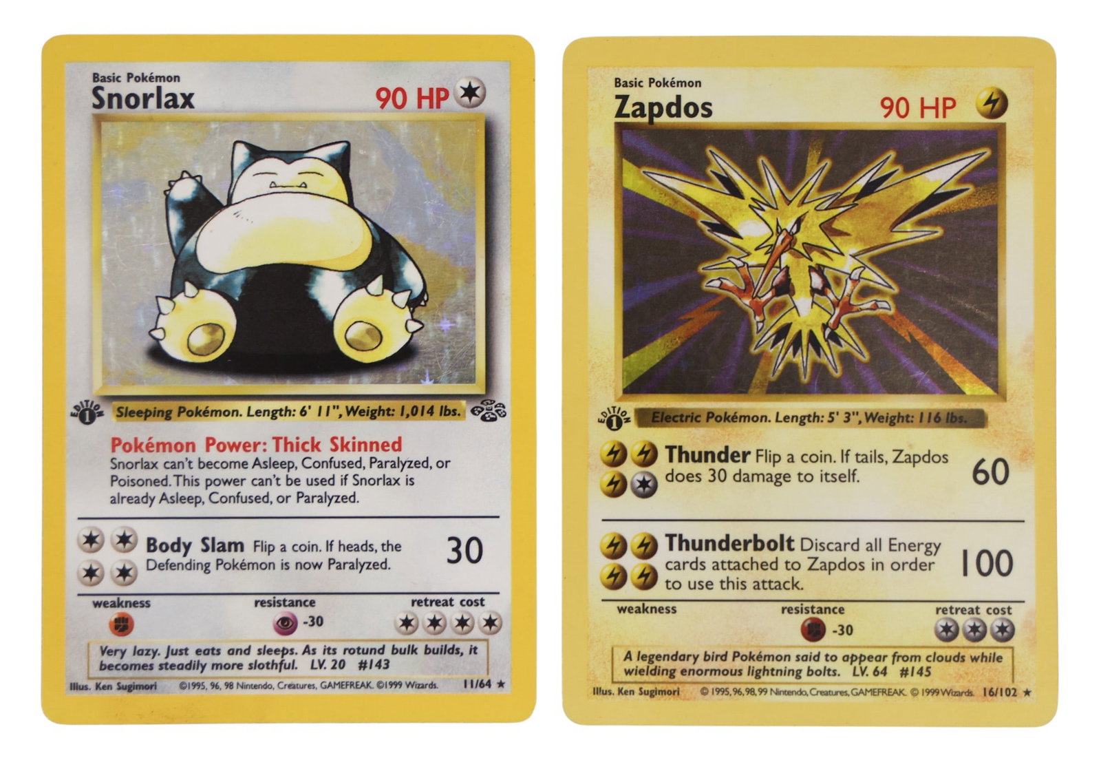 2pc 1999 Pokemon 1st Edition Zapdos Base and Snorlax Jungle: 2pc 1999 Pokemon 1st Edition Zapdos Base and Snorlax Jungle. LP to MP condition with some edge wear and surface scratches.