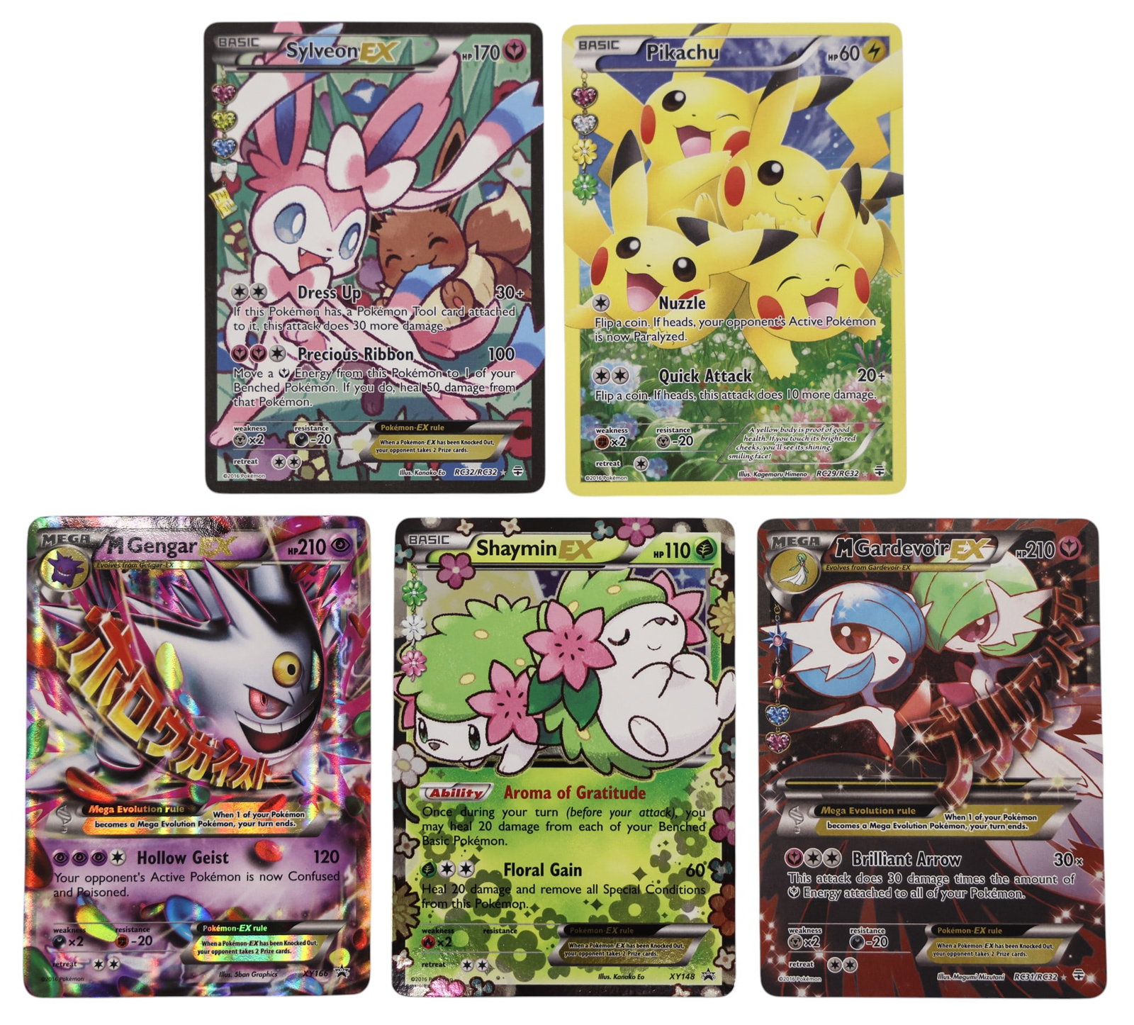 5pc 2016 Pokemon XY Radiant and Ex Promo Cards: 5pc 2016 Pokemon XY Radiant and Ex Promo Cards. Incldues Genger Ex XY166, Pikachu RC29, Sylveon Ex RC32, Gardevoir Ex RC31, and Shaymn Ex XY148. LP to NM condition.