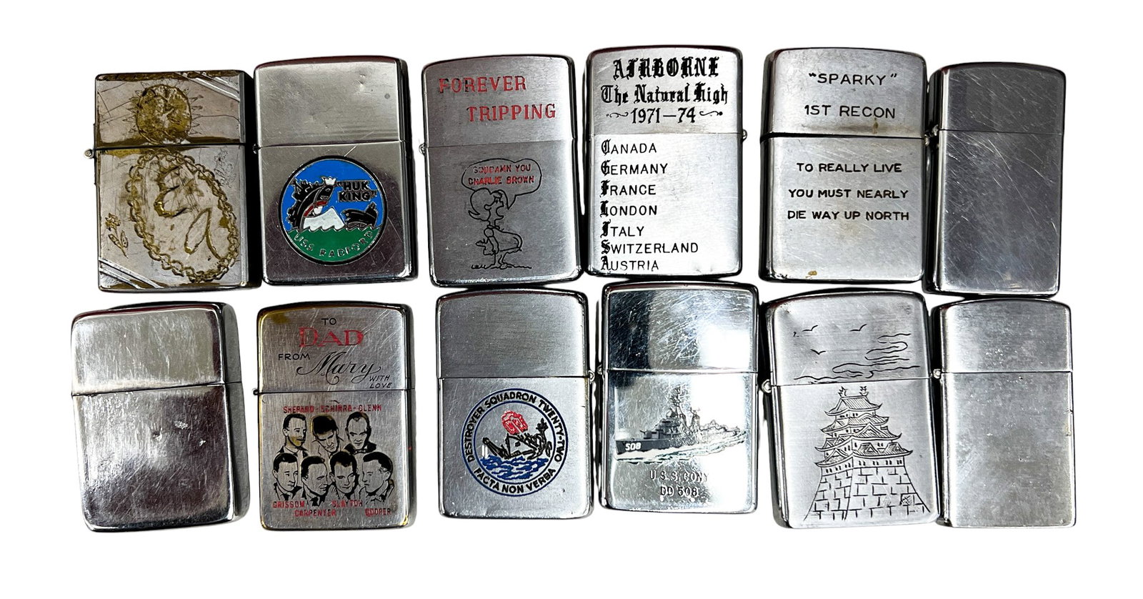12pc Vintage Zipoo Lighters etc.: 12pc Vintage Zipoo Lighters etc. 2.25"x1.5" Largest. Brands include Zippo, ATIT.