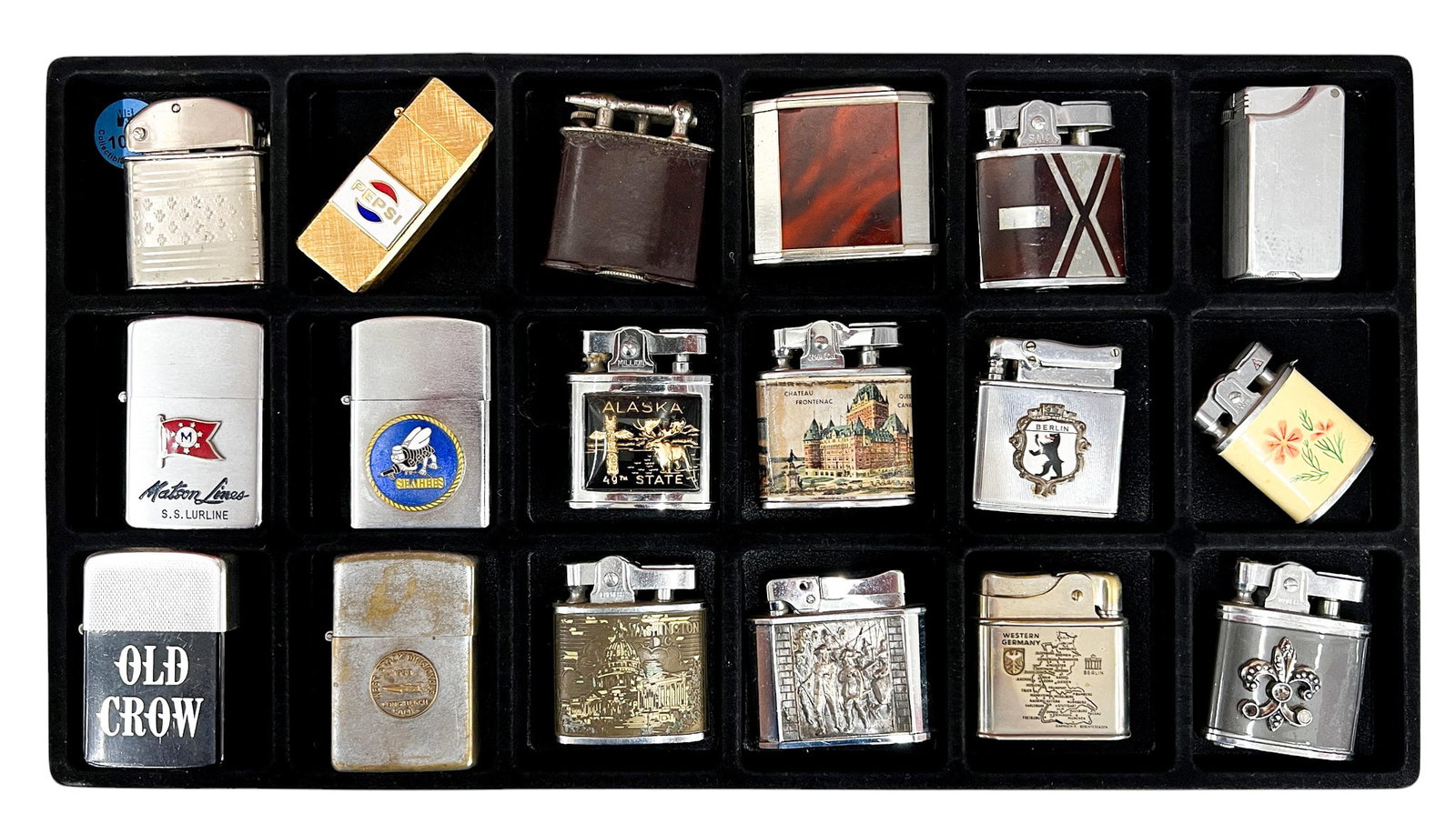 18pc Vintage Lighters: 18pc Vintage Lighters 2.25"x1.5" Largest. Includes Pepsi, U.S. Navy, Vietnam War lighters. Brands include Wales, Eveready, Rogers, Empress, Lacquer Graph, Park, Madame, Madison, Million, Howard,