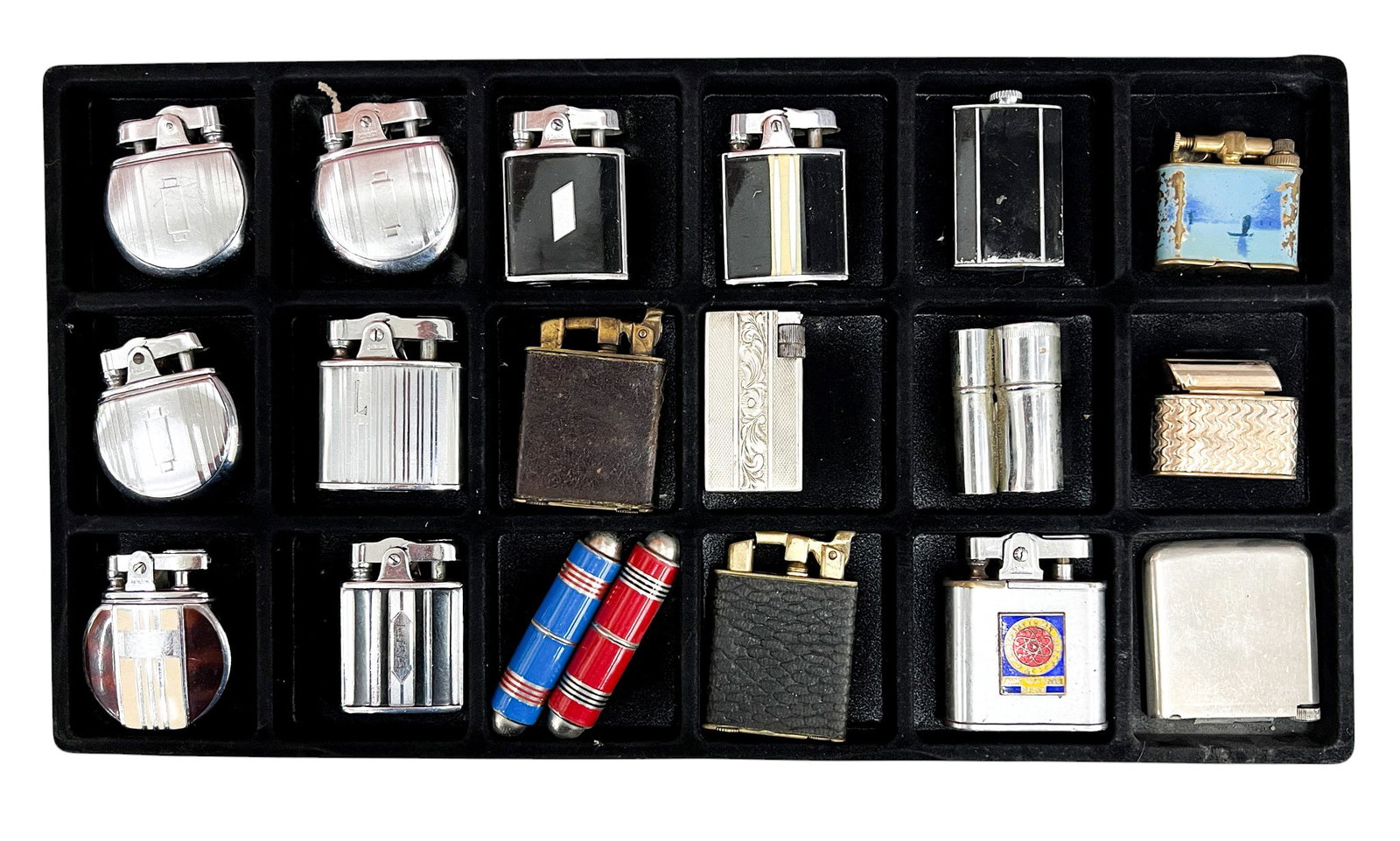 19pc Vintage Lighters & Strike Lighters: 19pc Vintage Lighters & Strike Lighters 2.25"x1.75" Largest. Brands include Regeliter, Penguin, Carlton, Ronson, Nasoo etc.