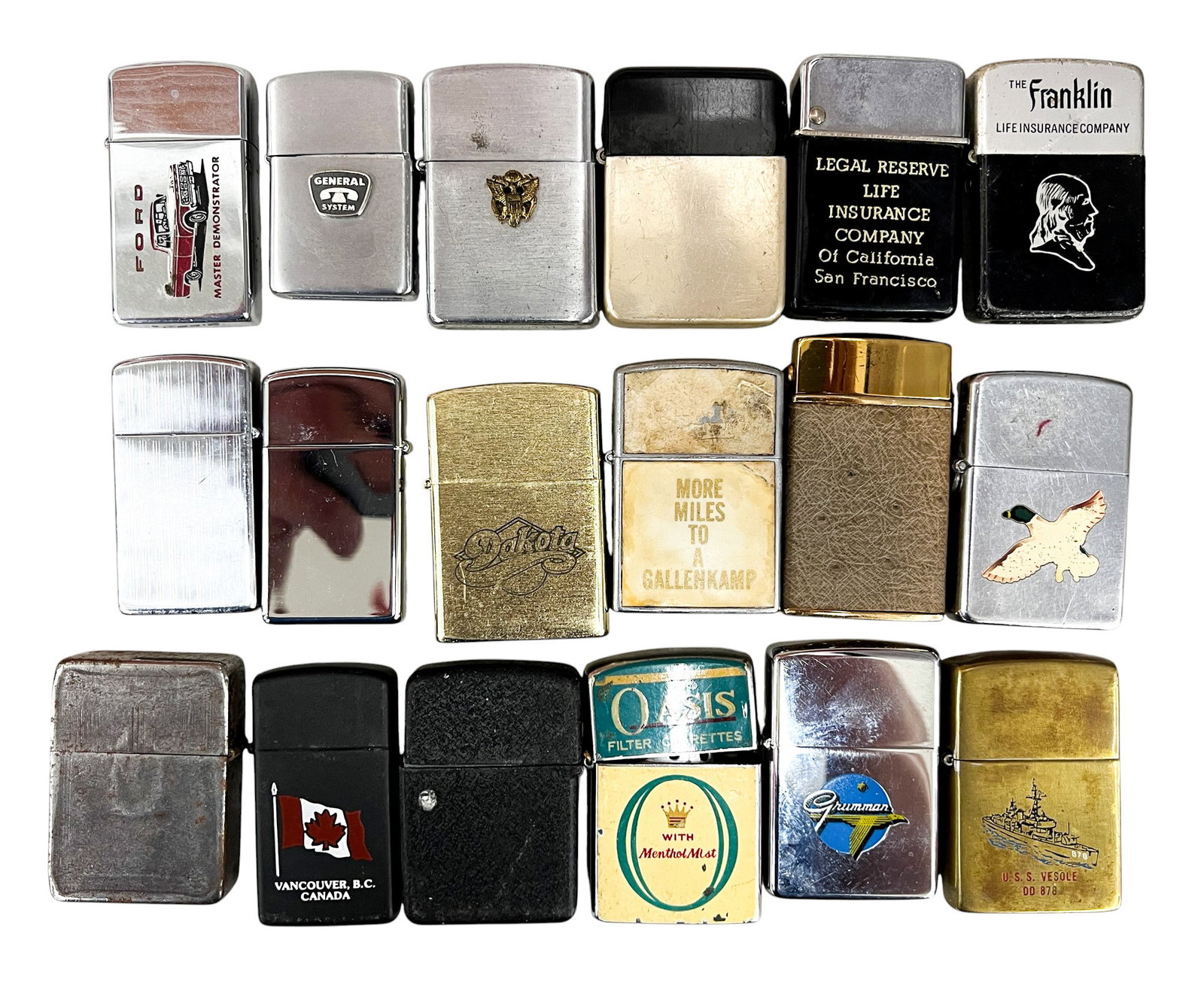 18pc Vintage Lighters: 18pc Vintage Lighters 2.25"x1.5" Largest. Includes Canada, Ford, U.S. Navy, fraternal lighters. Brands include Zippo, Continental, Sharp, Evans, Fireliter, Barlow etc.