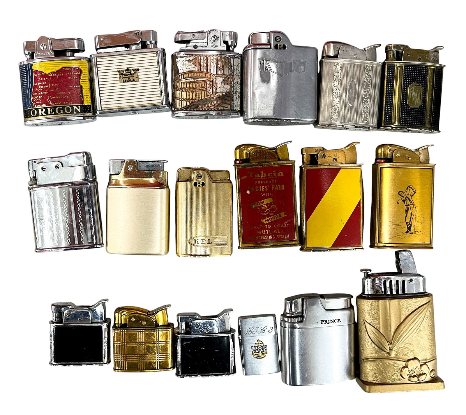 18pc Vintage Lighters: 18pc Vintage Lighters 3"x2" Largest. Brands include Prince, Evans, Ronson, Speedlite etc.