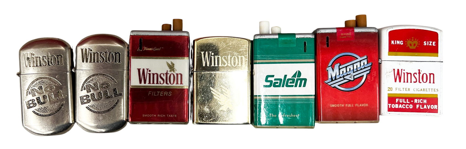 7pc Vintage Winston Lighters etc.: 7pc Vintage Winston Lighters etc. 2.5"x1.75" Largest. Brands include Pack Lite, Firebird etc.