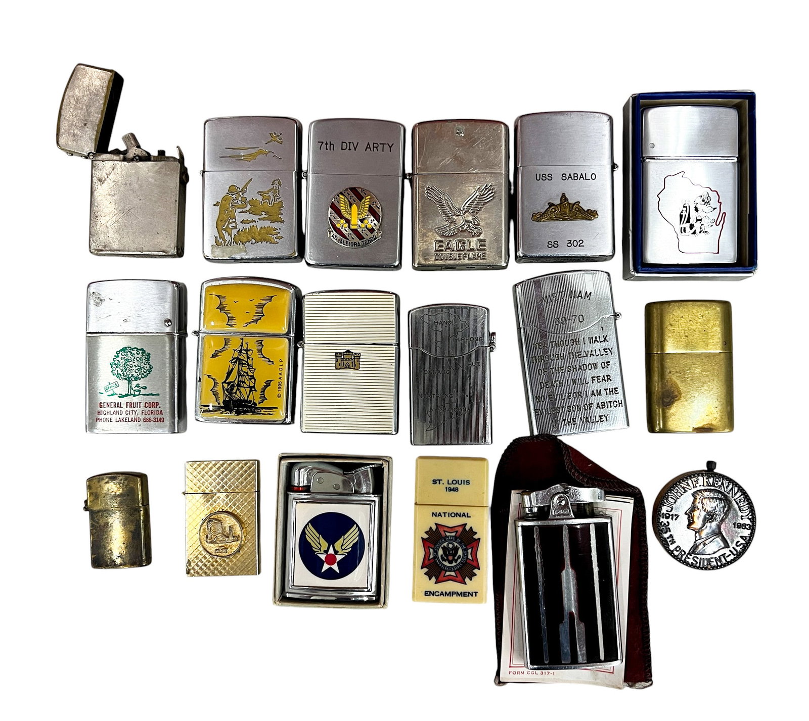 18pc Vintage Lighters: 18pc Vintage Lighters 3"x1.75" Largest. Brands include Zippo, Ronson, Evans, AADLP, Kadsen, Park, Zenith, Kraemer etc.