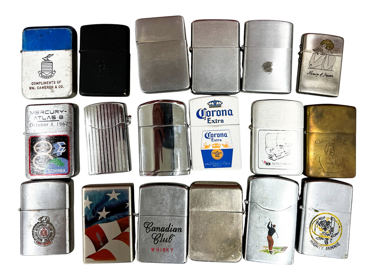 18pc Vintage Lighters: 18pc Vintage Lighters 2.25"x1.5" Largest. Includes Corona, Walkers, Camel, sports, Mercury Atlas lighters. Brands include Windmill, Batar, Zenith, Ronson, Park, Zippo, Champ, Notch etc.