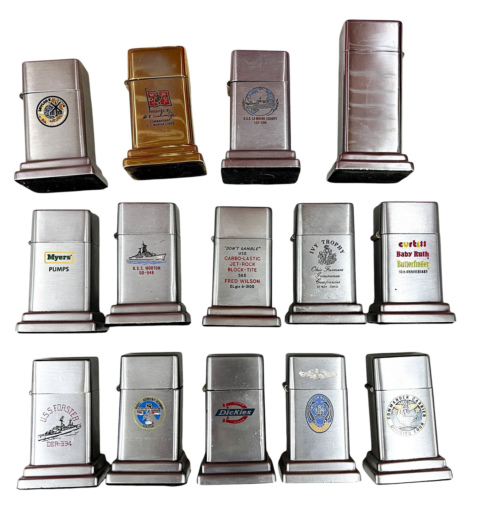 14pc Vintage Table Top Lighters: 14pc Vintage Table Top Lighters 4.25"x2.25" Largest. Includes U.S. Navy, Dickie's, candy, gasoline lighters.