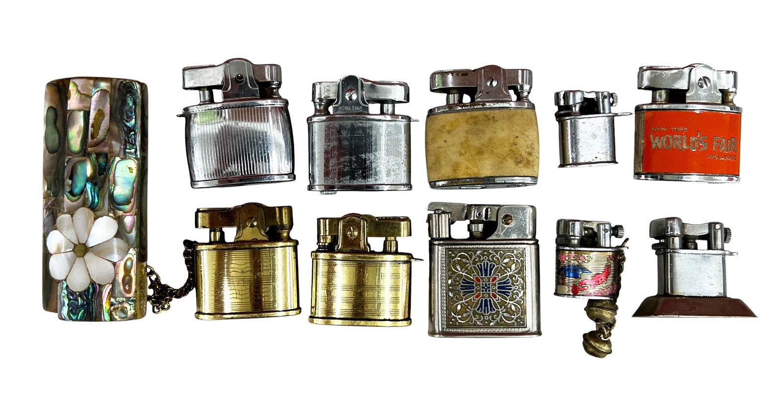 11pc Vintage Mini Lighters etc.: 11pc Vintage Mini Lighters etc. 2.75"x1.5" Largest. Brands include Royal Star, Baby-Mylflam etc.