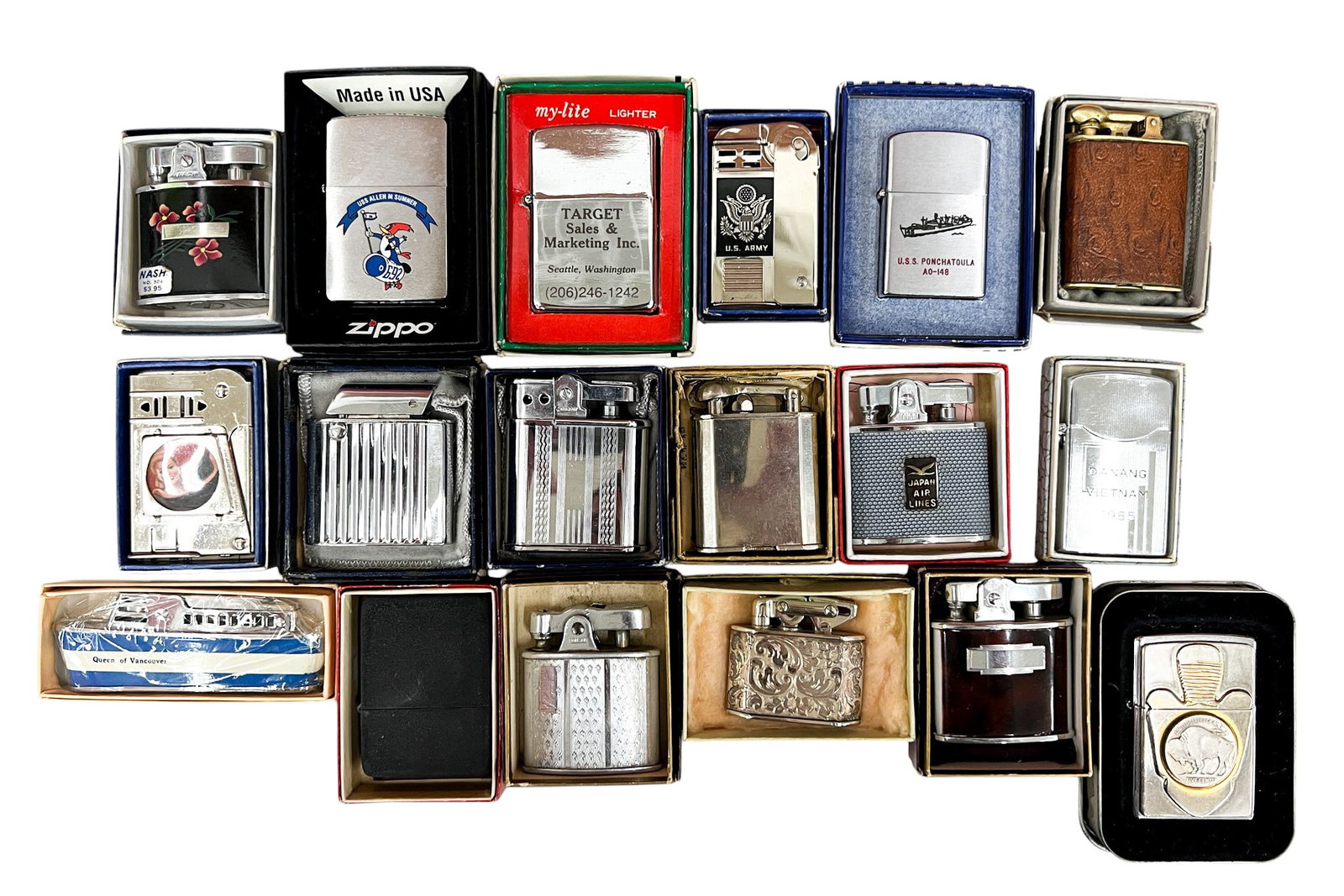 18pc Vintage Lighters w Boxes: 18pc Vintage Lighters w Boxes 2.5"x1.25" Largest. Includes U.S. Army, Navy, Vietnam War, Japan Airlines, pin-up, Buffalo nickel lighters. Brands include Zippo, My-Lite, Regen, Anchor, Clark, Nash, Sol