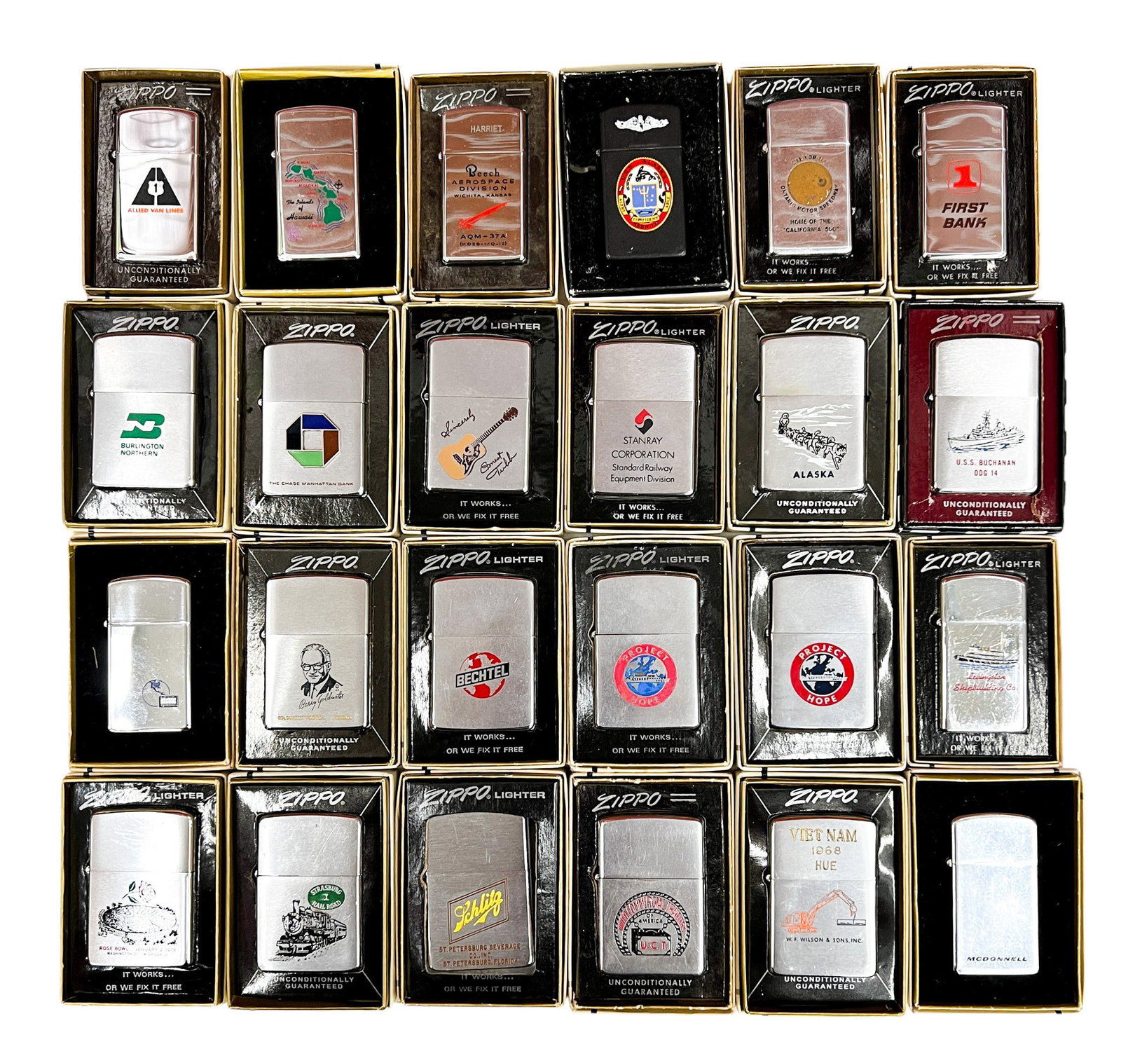 25pc Vintage Zippo Lighters w Boxes: 25pc VIntage Zippo LIghters w Boxes 2.25"x1.5" Largest. Includes corporate, Hawaii, aerospace, Alaska, U.S. Navy, Vietnam War, railroad lighters.