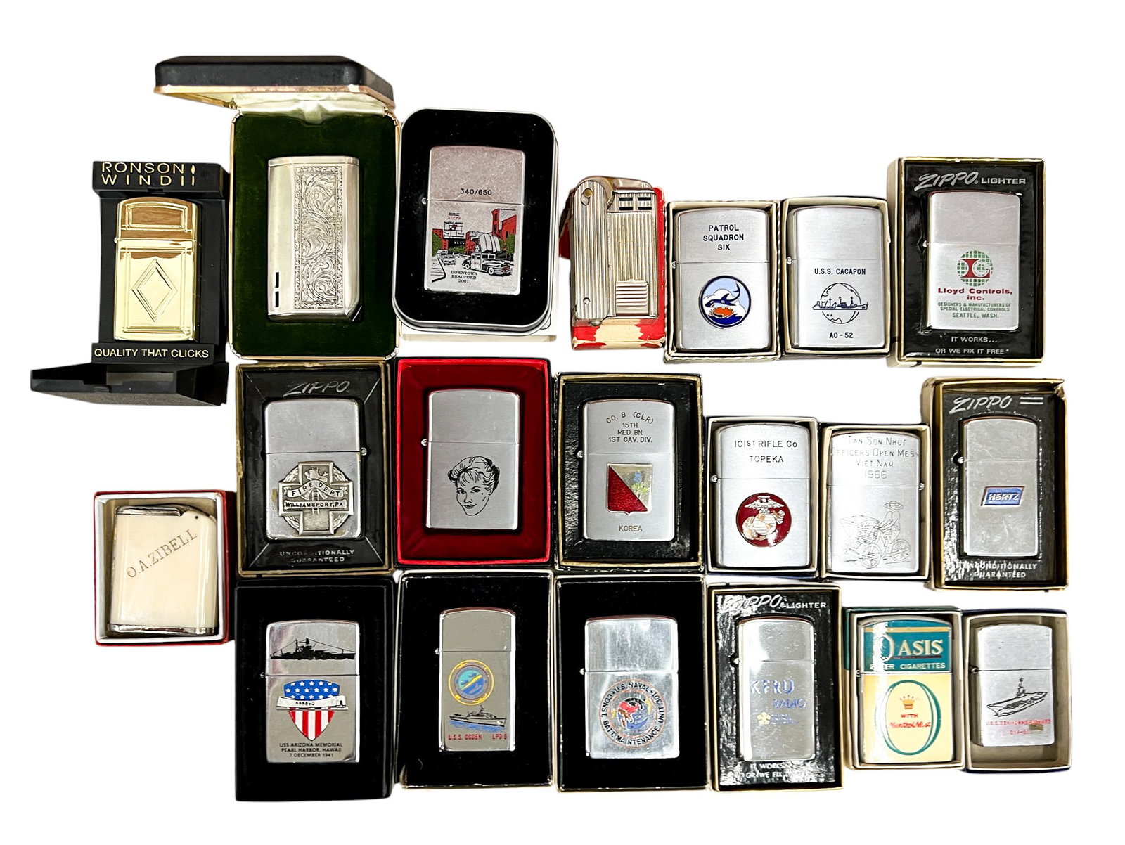 20pc Vintage Lighters: 20pc Vintage Lighters 2.75"x1.75" Largest. Includes Vietnam War, U.S. Navy, corporate, Army, Korean War lighters. Brands include Zippo, Vulcan, Konwal, Penguin, Tanita, Regen, Longines etc.