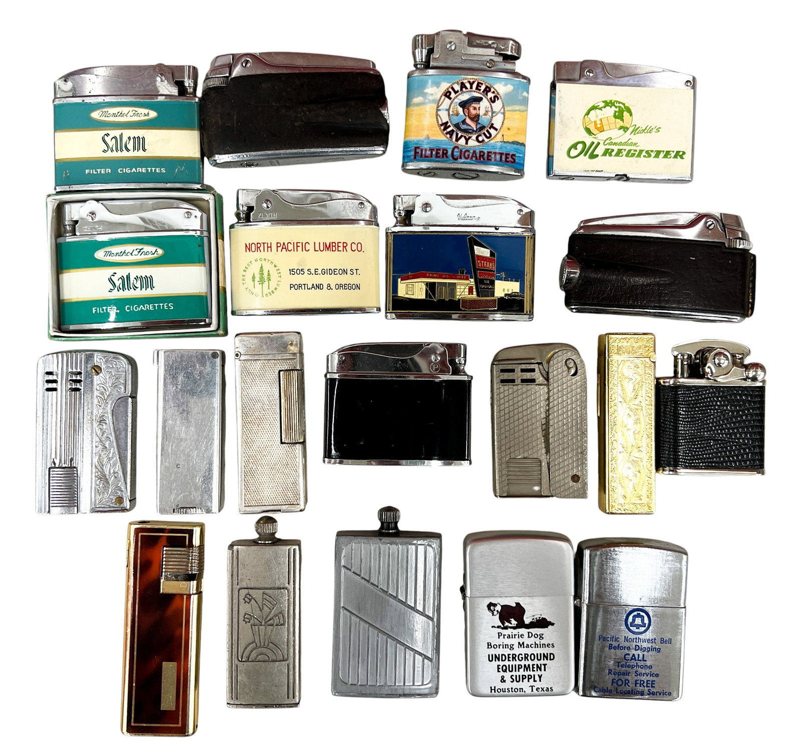 20pc Vintage Lighters & Strike Lighters: 20pc Vintage Lighters & Strike Lighters 2"x3" Largest. Brands include Zenith, Ronson, Vulcan, Colibri, Match King, Park etc.