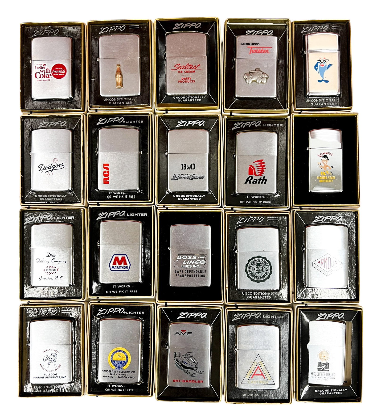 20pc Vintage Corporate Zippo Lighters w Cases: 20pc Vintage Corporate Zippo Lighters w Cases 2.25"x1.5" Largest. Includes Coca-Cola, Los Angeles Dodgers lighters