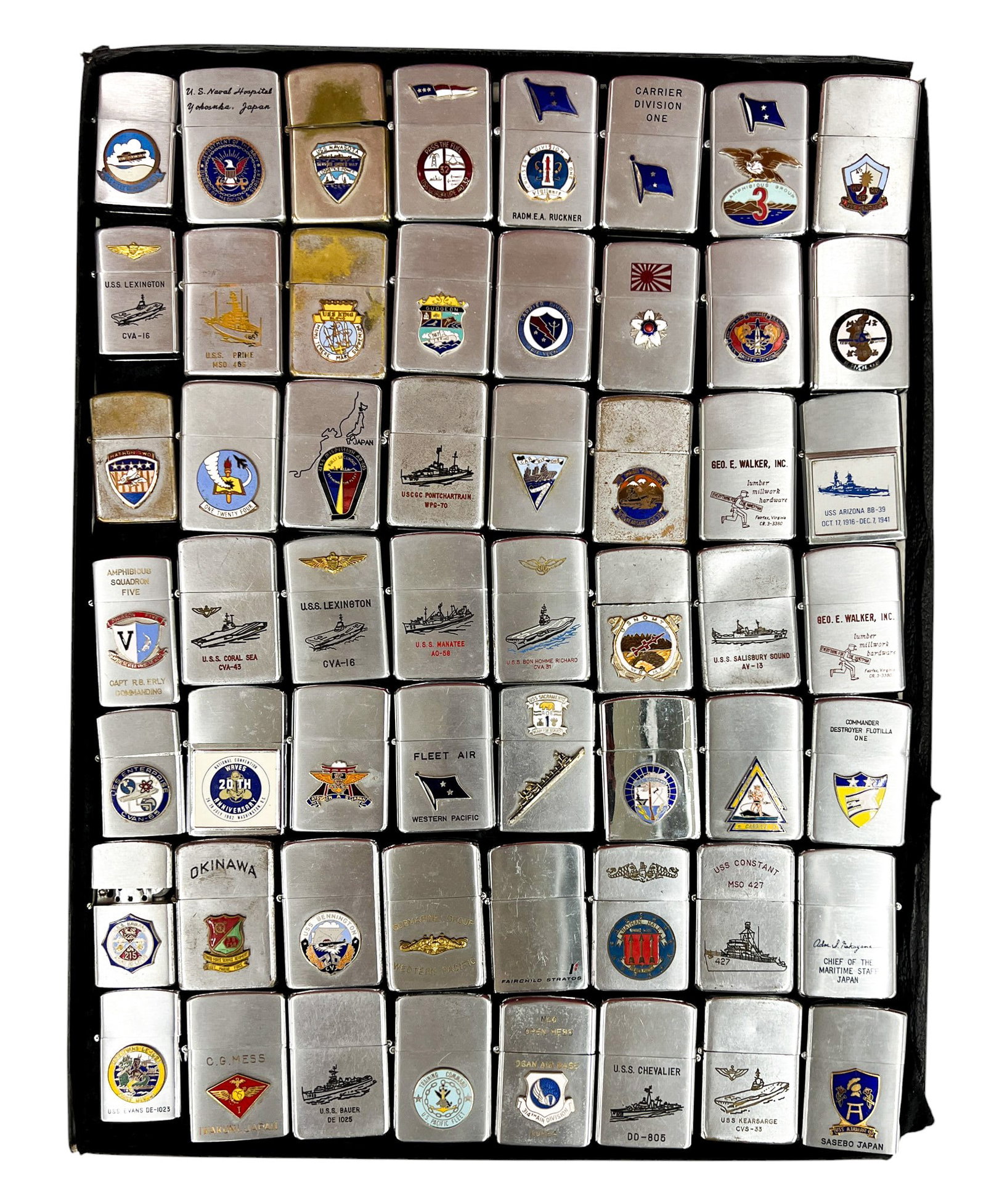56pc Vintage Military Zippo Lighters etc.: 56pc Vintage Military Zippo Lighters etc. 2.25"x1.5" Each