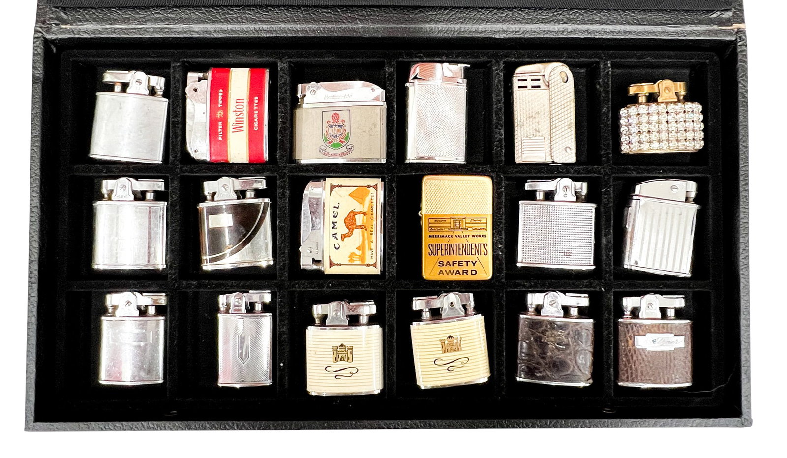 18pc Vintage Lighters w Display Box: 18pc Vintage Lighters w Display Box 2"x2" Largest. Brands include Ronson, Comet, Regens, Brother-Lite etc.