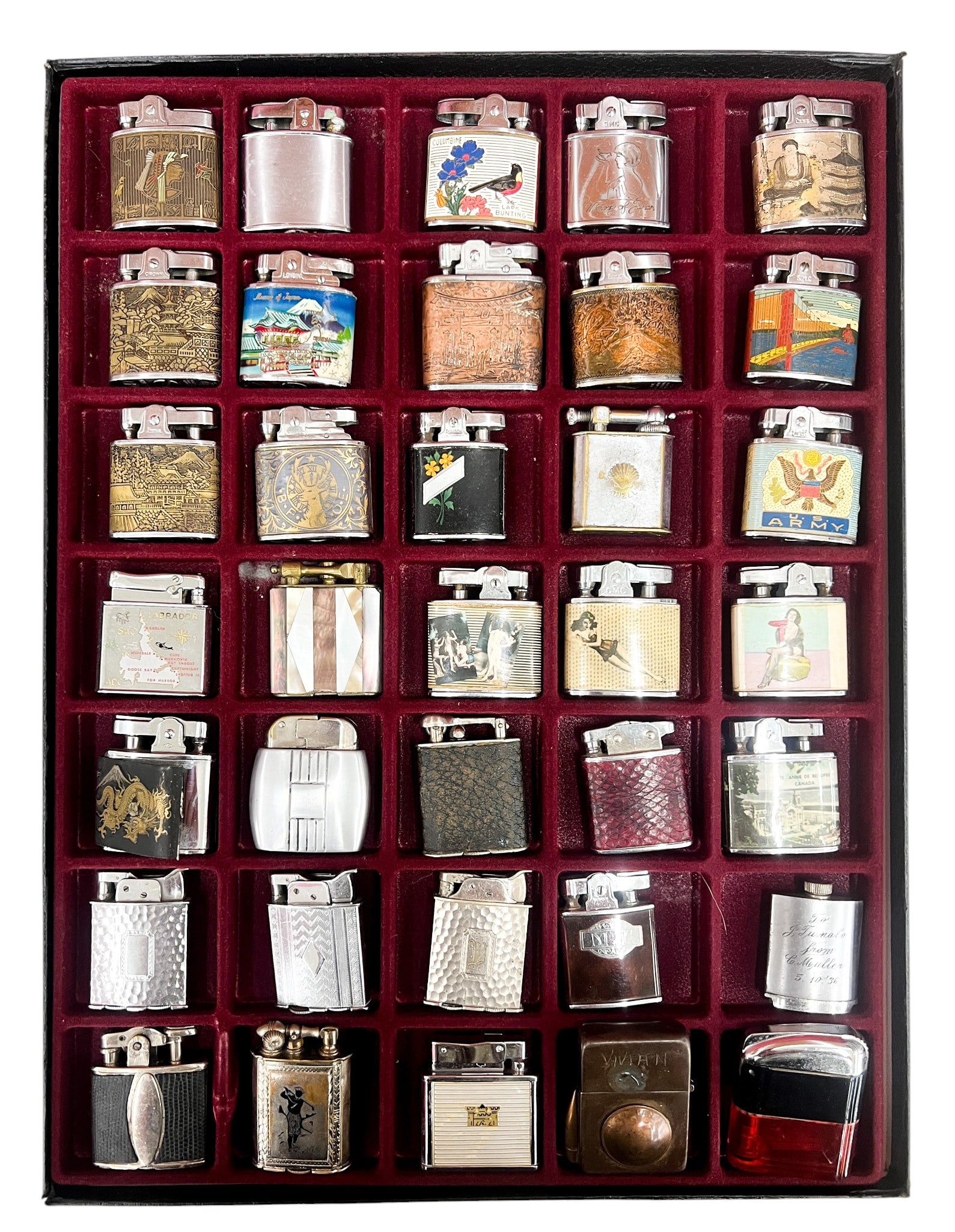 35pc Vintage Lighters w Display Box: 35pc Vintage Lighters w Display Box 2.25"x2" Largest. Includes pin-up, Army, travel, Japan, Chinese lighters. Brands include Vu-Lighter, Colvair, Evans, Ronson, Omega etc.