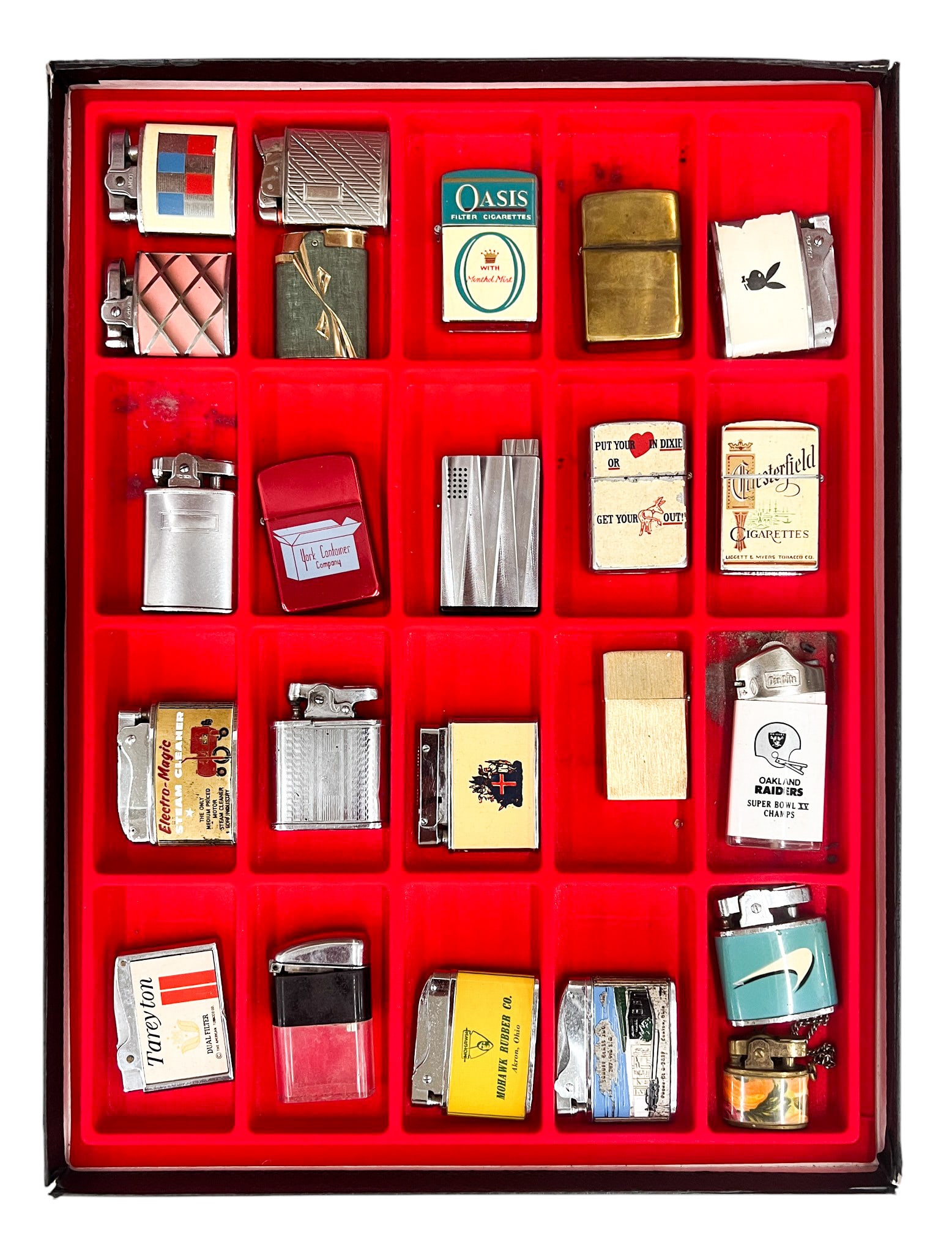 23pc Vintage Lighters w Display Box: 23pc Vintage Lighters w Display Box 2.5"x1.75" Largest. Includes Playboy, Oakland Raiders lighters. Brands include Ronson, Howard, Vu-Lighter, Empire, Park, PAC, Zippo, Continental etc.