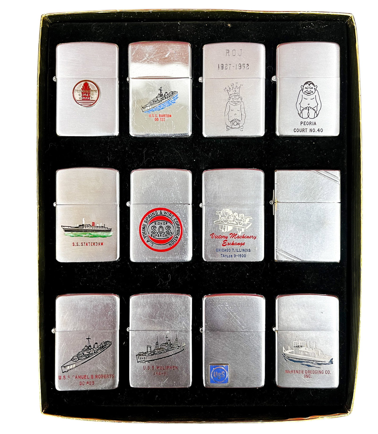 12pc Vintage Zippo Lighters w Box: 12pc Vintage Zippo Lighters w Box 2.25"x1.5" Each. Includes Navy, corporate lighters.