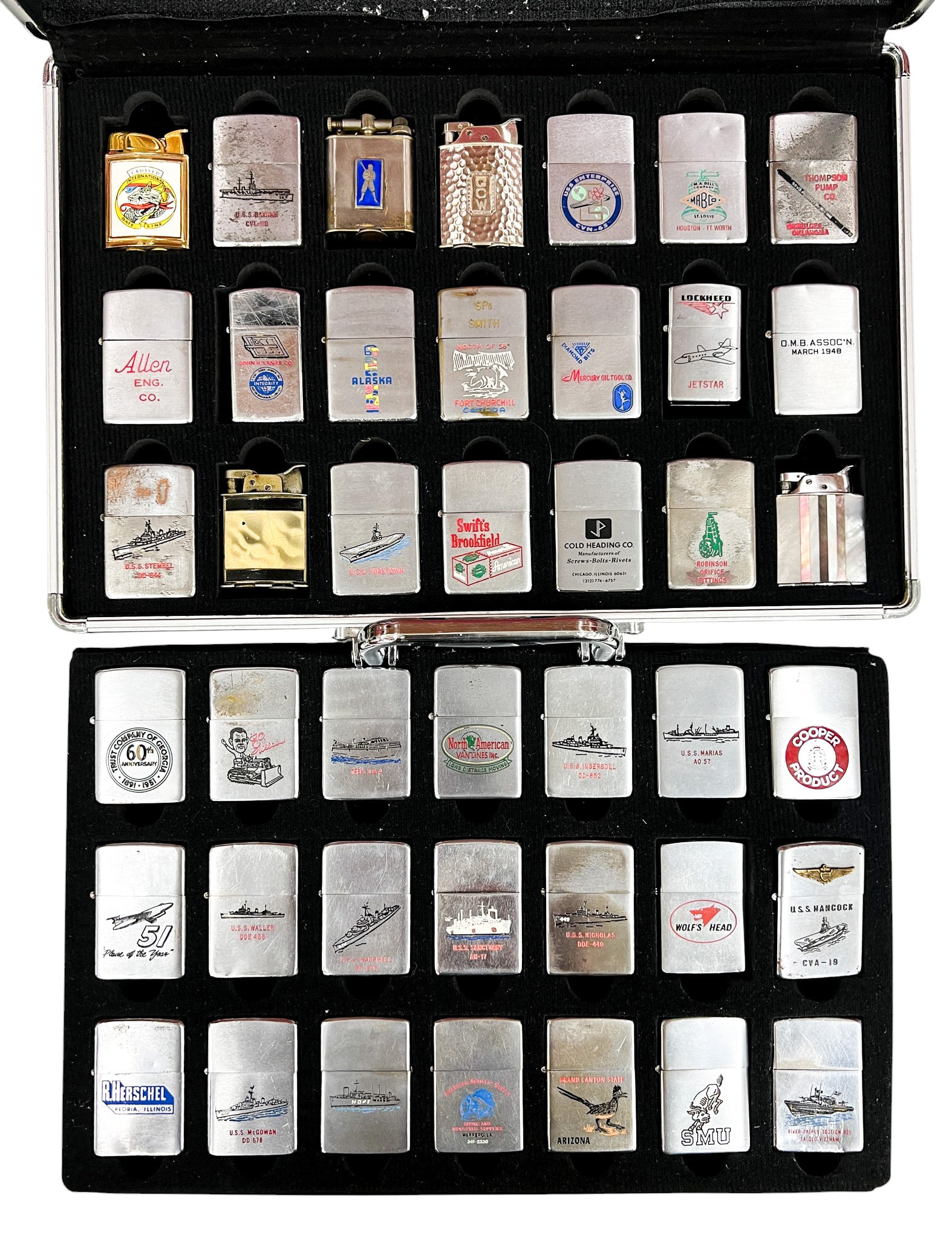 42pc Vintage Zippo Lighters etc. w Carrying Case: 42pc Vintage Zippo Lighters etc. w Carrying Case 2.25"x1.5" Each. Includes Navy, travel, sports, Native American, corporate lighters.