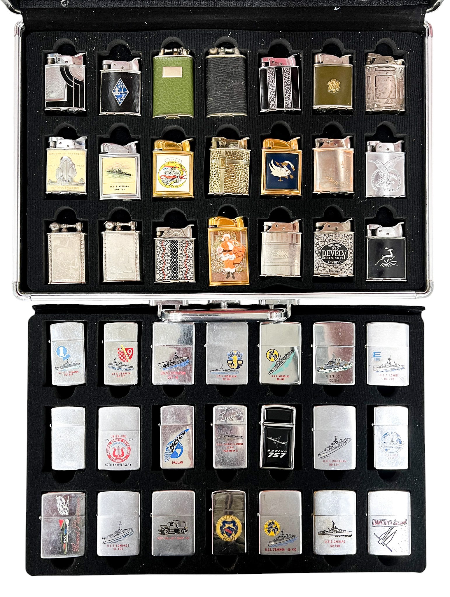 42pc Vintage Zippo & Evans Lighters etc. w Carrying Case: 42pc Vintage Zippo & Evans Lighters etc. w Carrying Case 2.5"x1.25" Largest. Includes travel, Navy, Christmas, Boeing, corporate lighters.