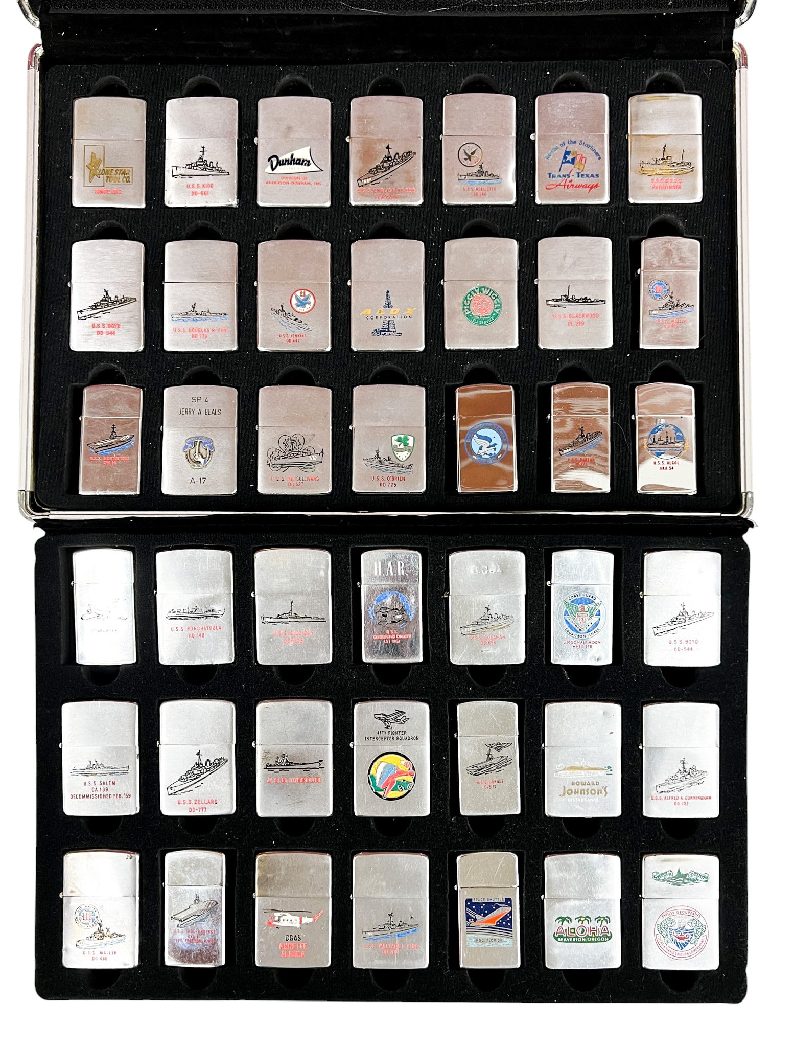 42pc Vintage Zippo Lighters w Carrying Case: 42pc Vintage Zippo Lighters w Carrying Case 2.25"x1.5" Each. Includes advertising, travel lighters.