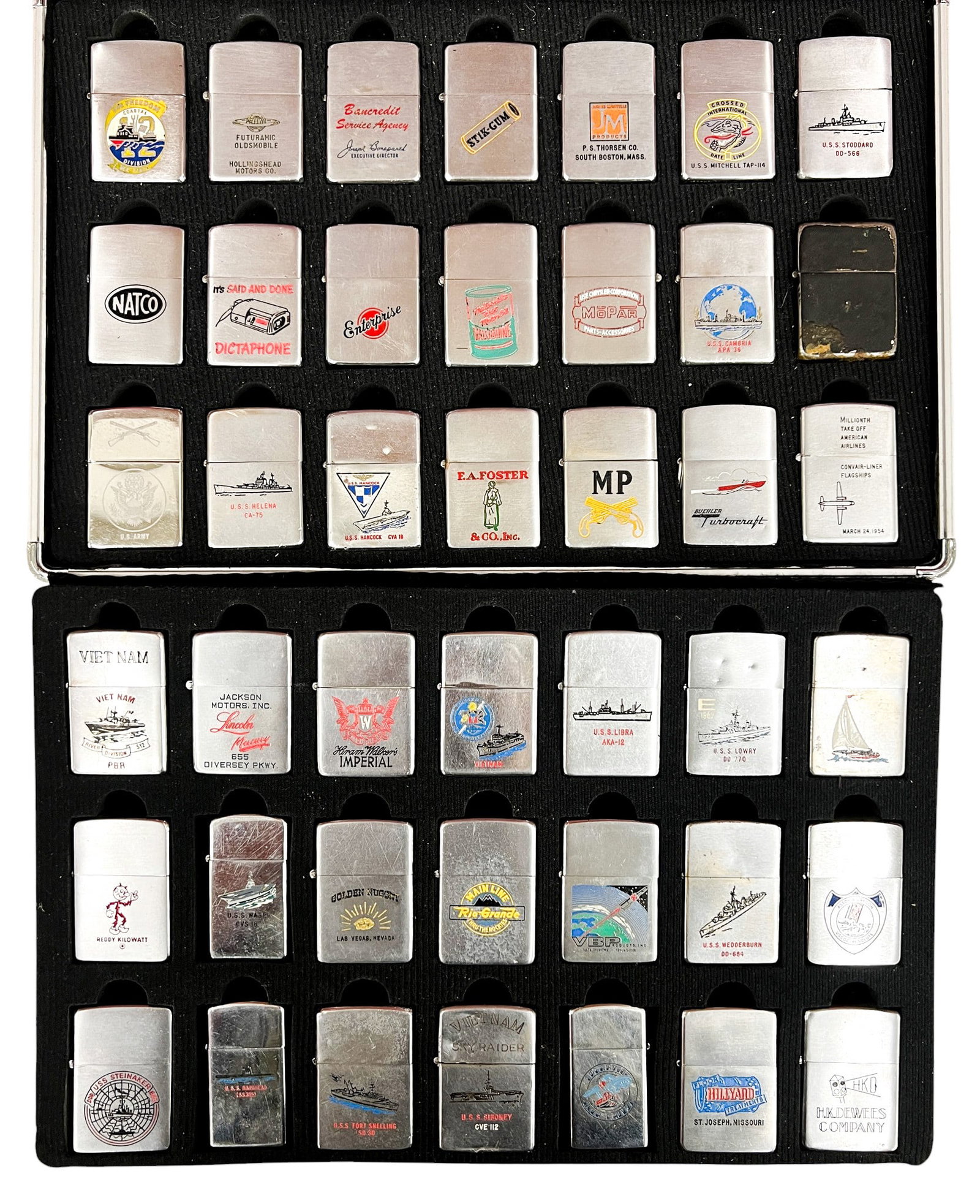 42pc Vintage Zippo Lighters w Carrying Case: 42pc Vintage Zippo Lighters w Carrying Case 2.25"x1.5" Each. Includes Navy, Vietnam War, advertisements lighters.