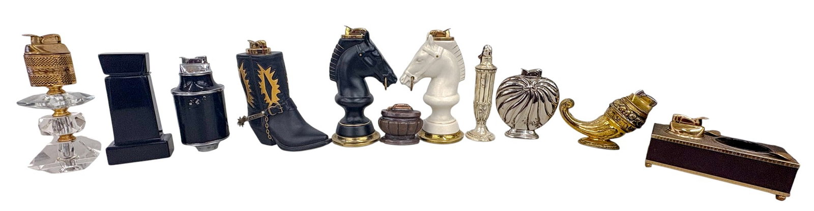11pc Vintage Chess & Cowboy Tabletop Lighters etc.: 11pc Vintage Chess & Cowboy Tabletop Lighters etc. 7.25" Largest