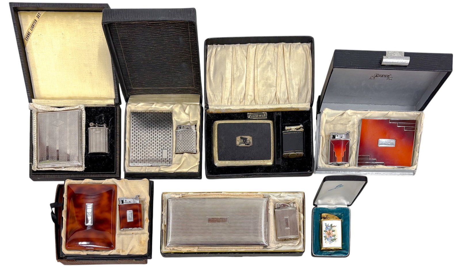 13pc Vintage Evans Lighter & Cigarette Case Sets w Boxes etc. (1 of 1)