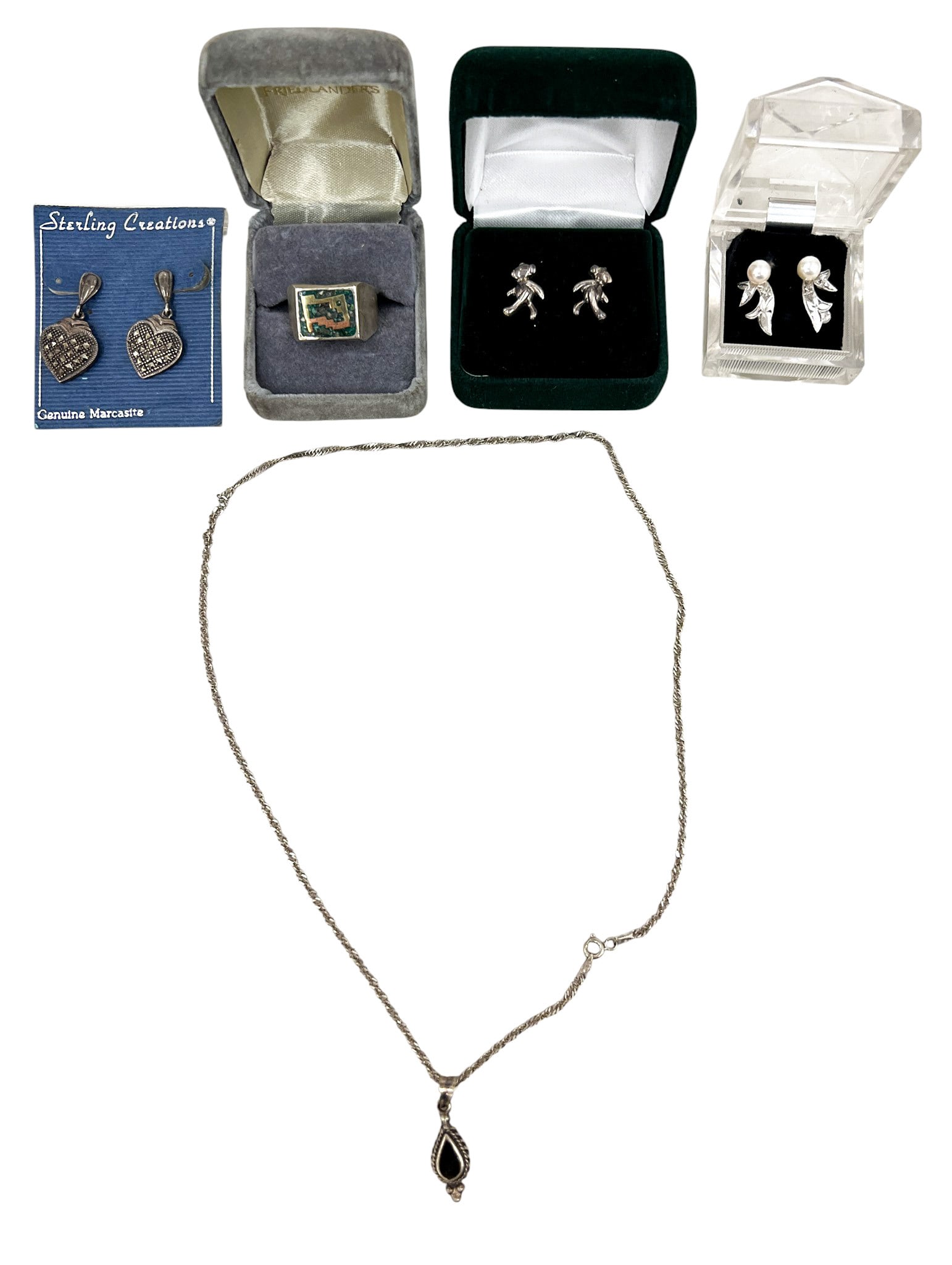 5pc Sterling Silver Necklace, Ring & Three Pairs of Earrings 29g TW: 5pc Sterling Silver Necklace, Ring & Three Pairs of Earrings 29g TW