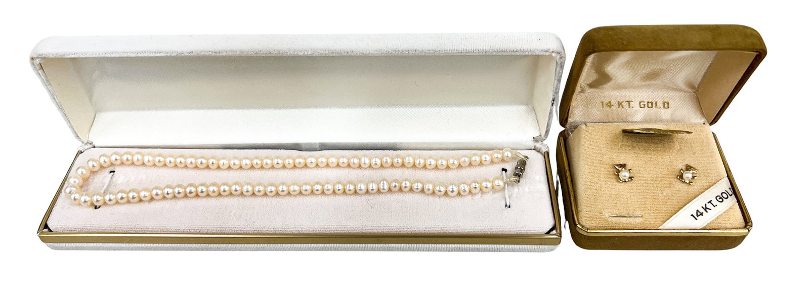 14k Pearl Necklace & Earrings: 14k Pearl Necklace & Earrings 15" Largest