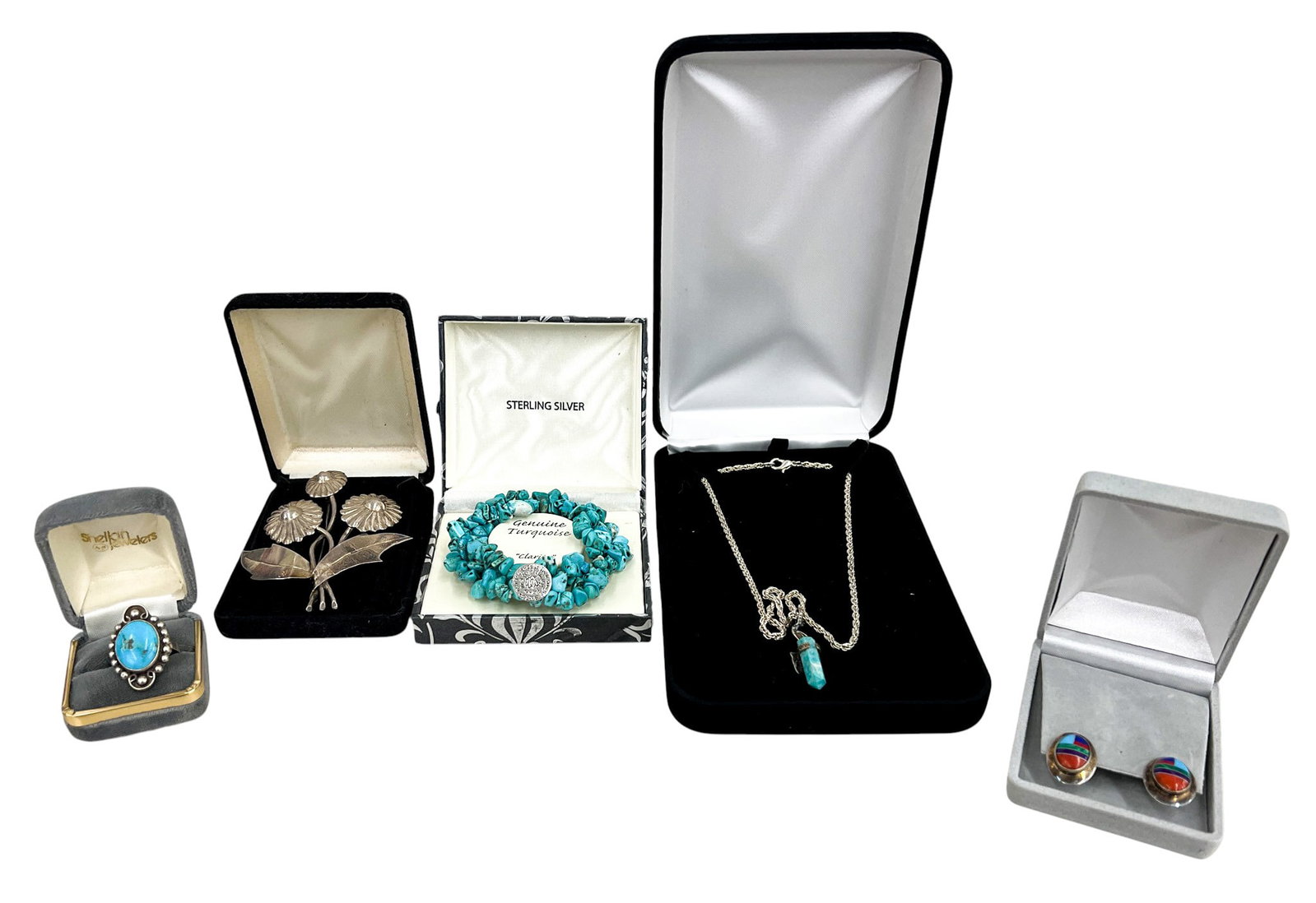 5pc Southwest Sterling Silver Turquoise Jewelry 42g TW: 5pc Southwest Sterling Silver Turquoise Jewelry 42g TW 16" Necklace