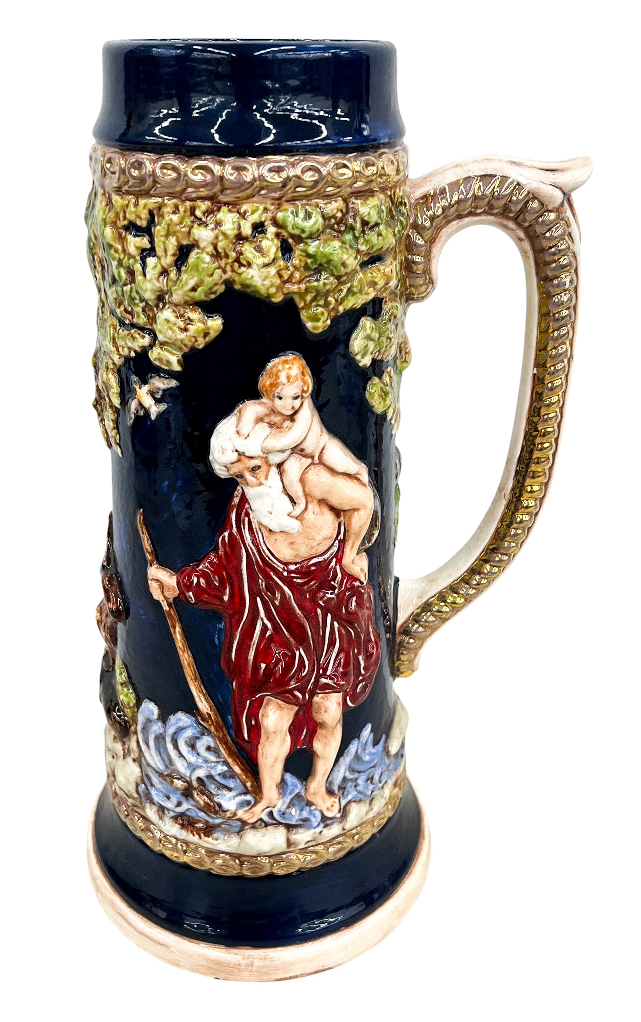 St. Christopher Beer Stein: St. Christopher Beer Stein 14". Crack and chip along top.