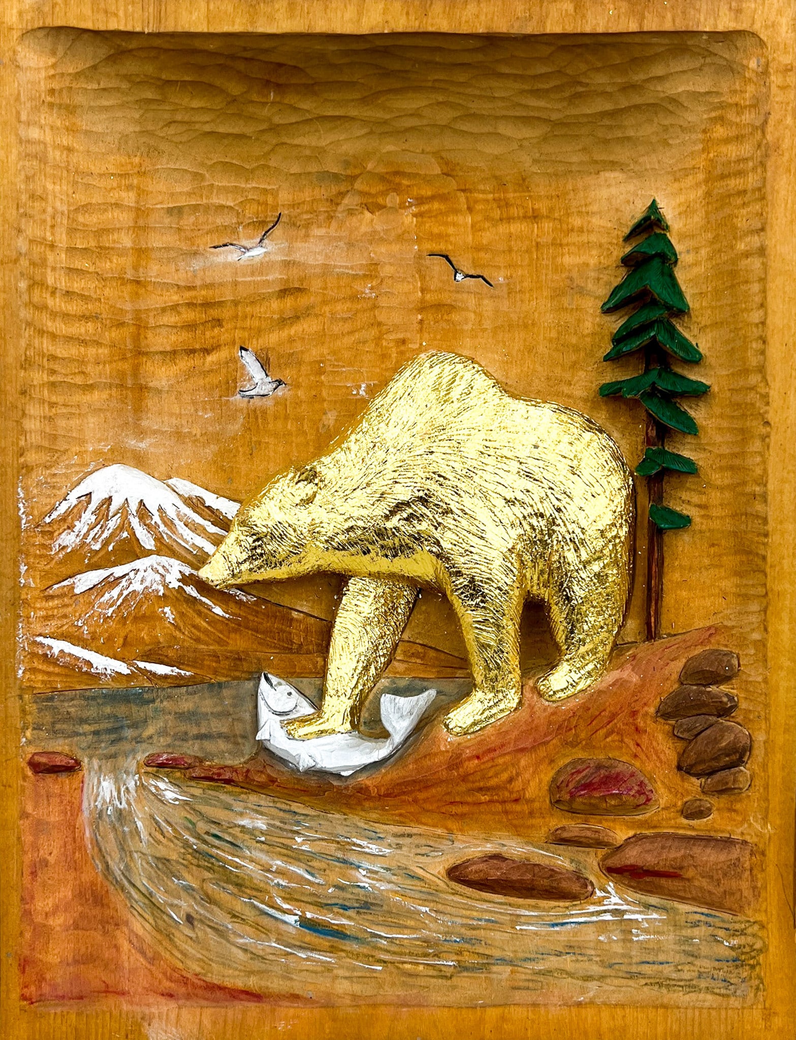 "Bear Catching Salmon" Painted Wood Carving: "Bear Catching Salmon" Painted Wood Carving 18"x14". Overall excellent condition.