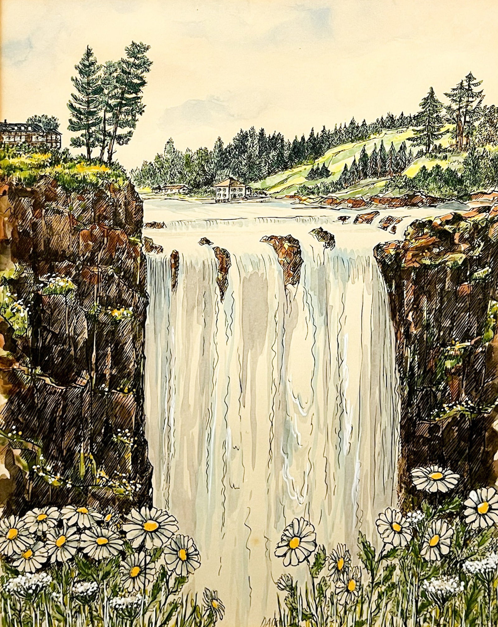 Artist Unknown "Snoqualmie Falls" Ink & Gouache on Paper: Artist Unknown "Snoqualmie Falls" Ink & Gouache on Paper 16"x12" Image 21"x17" Framed. Signed "Dassel" lower center. Excellent condition, not examined outside of framing.