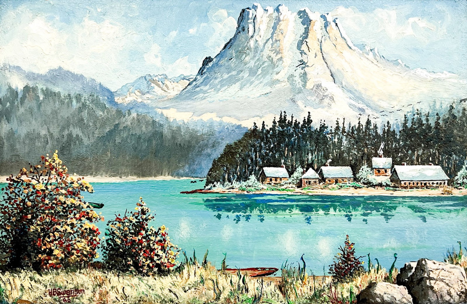 H.B. Swanson "Cabins by the Mountain Lake" 1966 Acrylic on Board: H.B. Swanson (20th Cent. American) "Cabins by the Mountain Lake" 1966 Acrylic on Board 13"x20" Image 17.5"x24" Framed. Signed lower left. Paint loss along edges, not examined outside of framing.