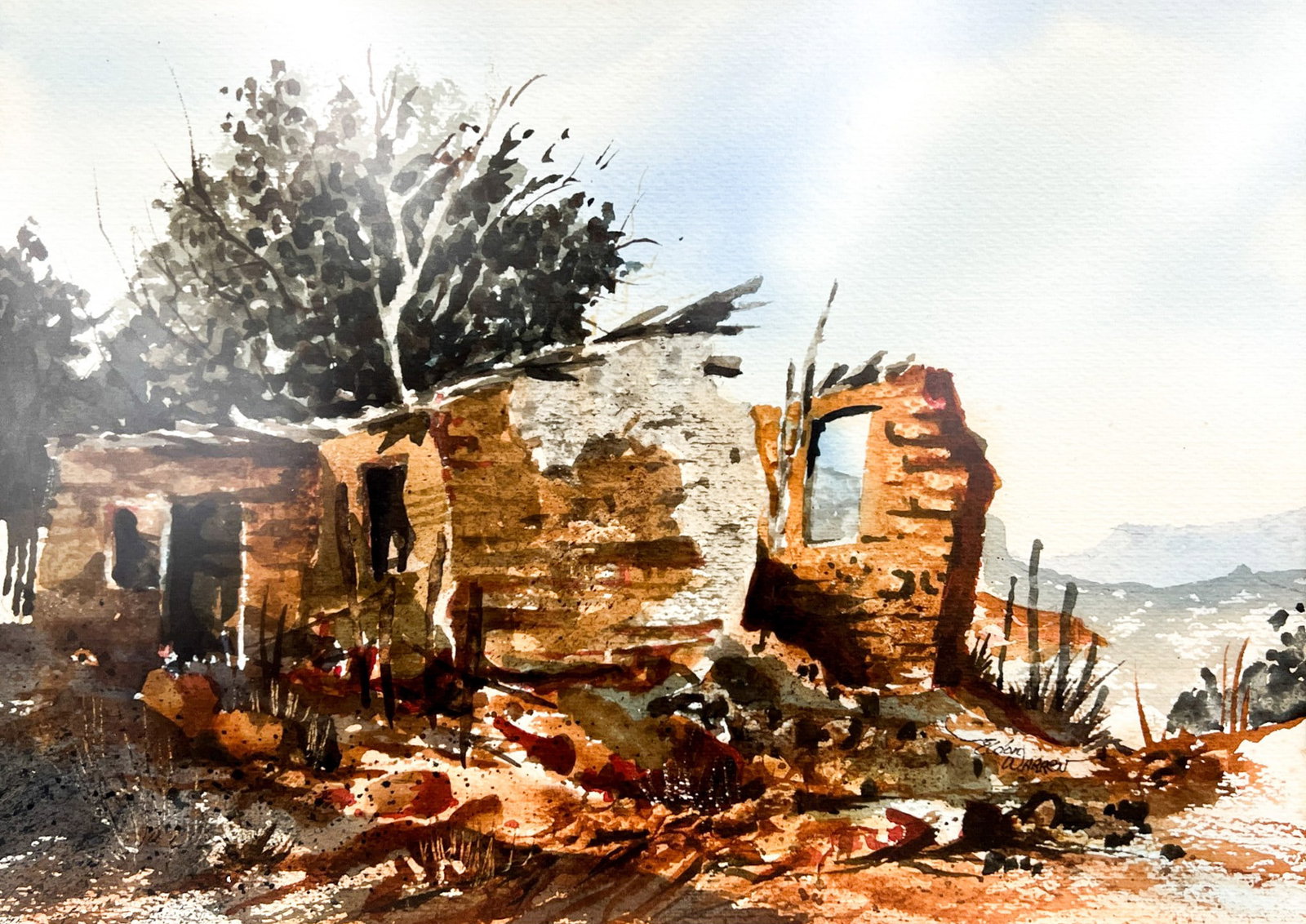 Eldon Warren "What's Left" Watercolor on Paper: Eldon Warren (20th/21st Cent. American) "What's Left" Watercolor on Paper 10"x14" Image 17"x21" Framed. Signed lower right. Excellent condition, not examined outside of framing.