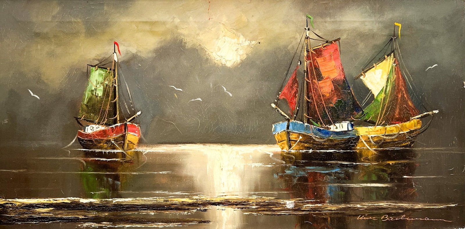 Artist Unknown "Sailboats Waiting" Oil on Canvas: Artist Unknown "Sailboats Waiting" Oil on Canvas 15"x30" Unframed. Illegibly signed lower right. Crazing throughout.