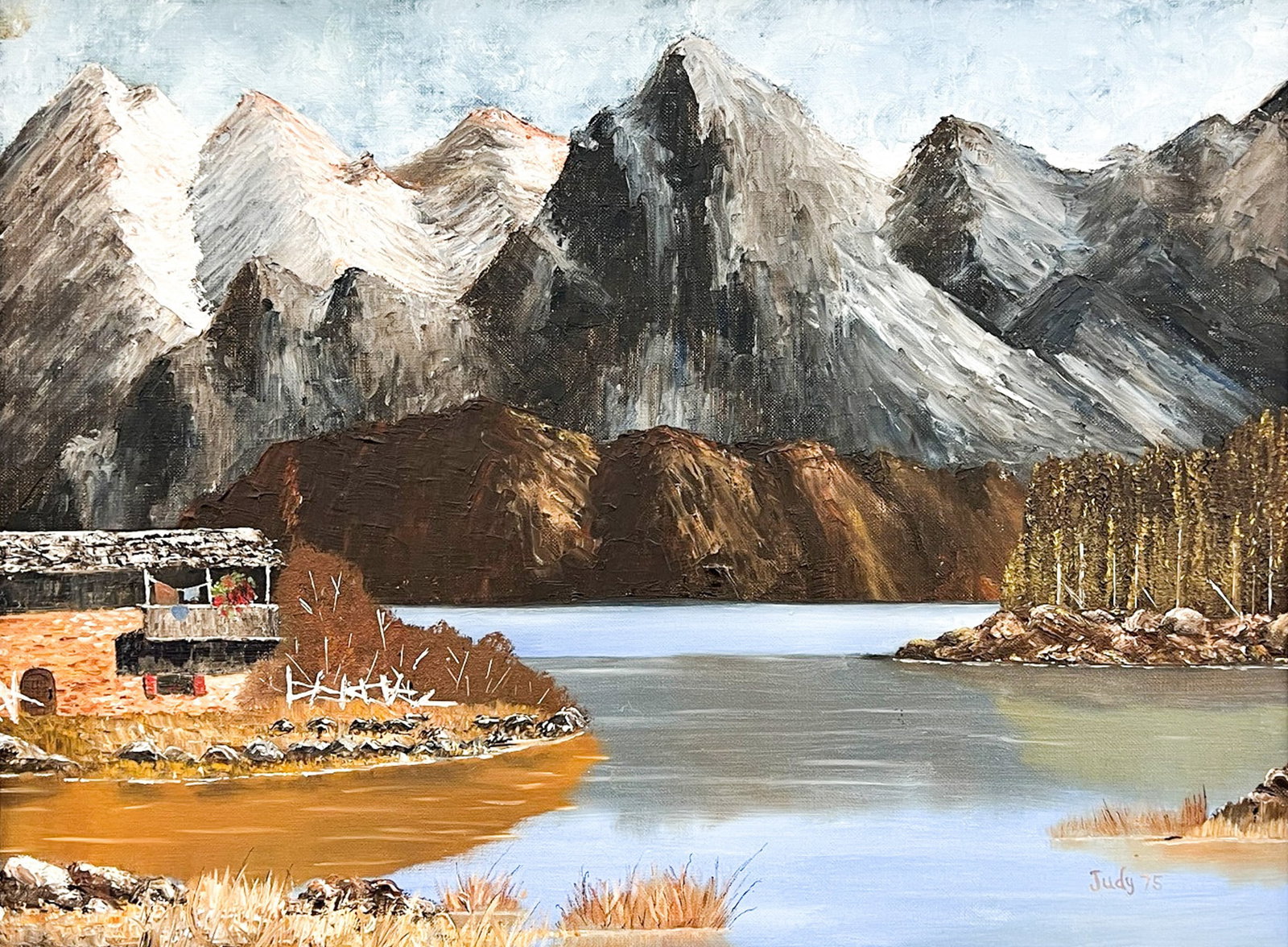 Judy Bailey "Lake's Edge" 1975 Oil on Board: Judy Bailey (20th Cent. Washington) "Lake's Edge" 1975 Oil on Board 17.5"x23.5" Image 25"x31" Framed. Signed lower right. Excellent condition, not examined outside of framing.