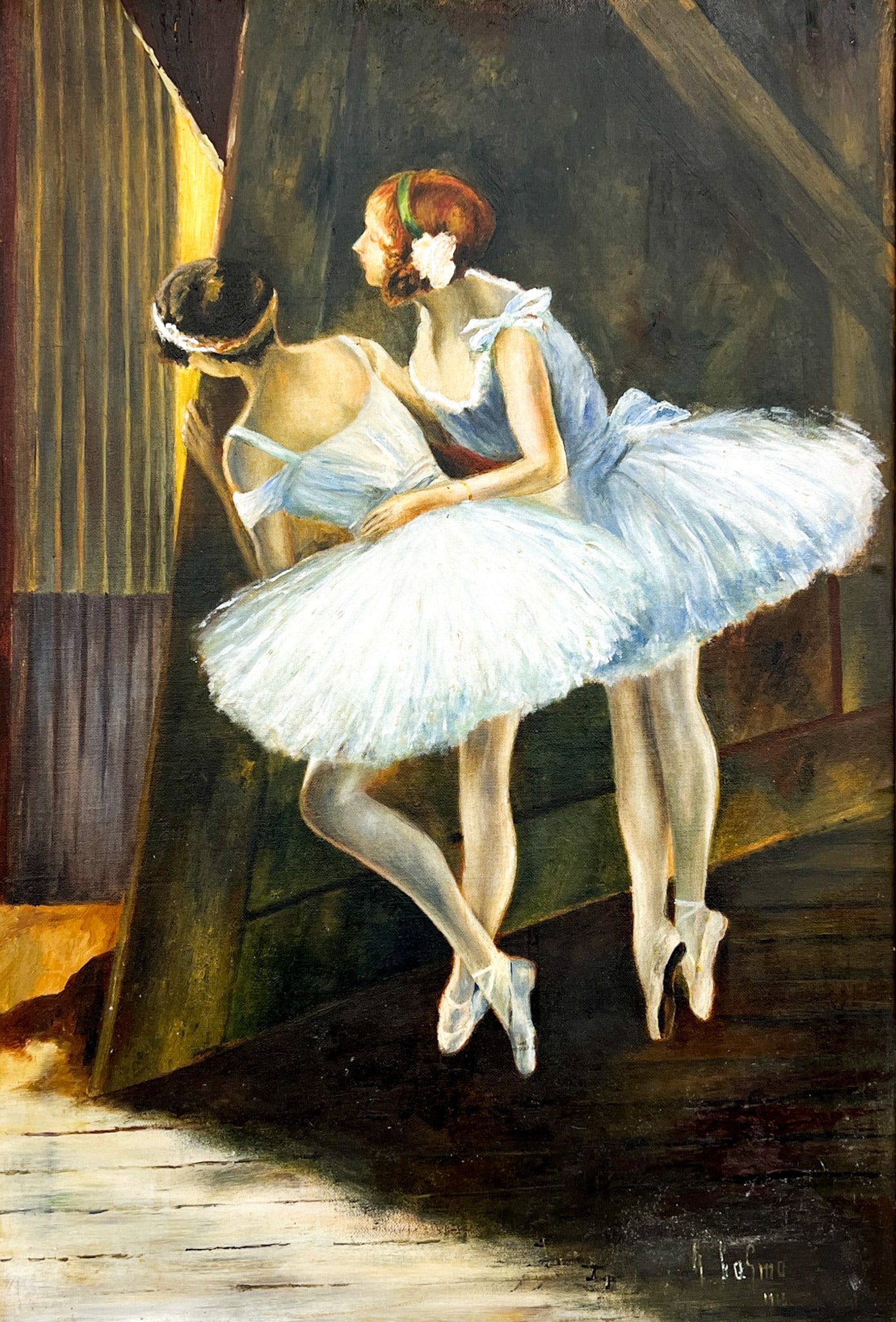 Artist Unknown "Stage Left" 1915 Oil on Board: Artist Unknown "Stage Left" 1915 Oil on Board 26.5"x18" Image 30"x21" Framed. Illegibly signed lower right. Excellent condition, not examined outside of framing.