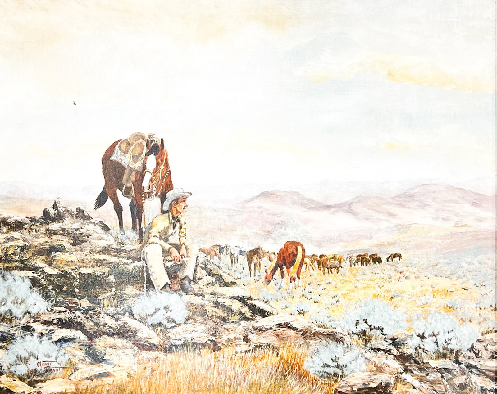 Monte Smout "The Horse Herder" 1980 Oil on Board: Monte Smout (1938-2007 Idaho) "The Horse Herder" 1980 Oil on Board 16"x20" Image 25"x28" Framed. Signed lower left. Excellent condition, not examined outside of framing.