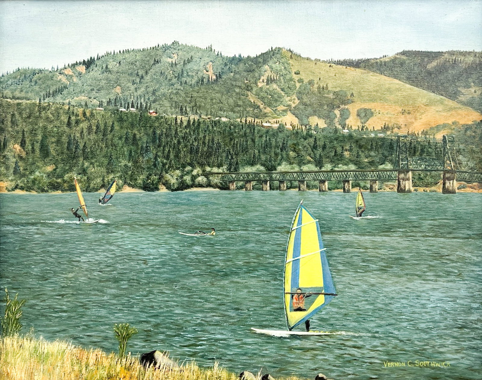 Vernon C. Southwick "Hood River" Oil on Canvas: Vernon C. Southwick (20th Cent. American) "Hood River" Oil on Canvas 16"x20" Image 21"x25" Framed. Signed lower right. Excellent condition, not examined outside of framing.