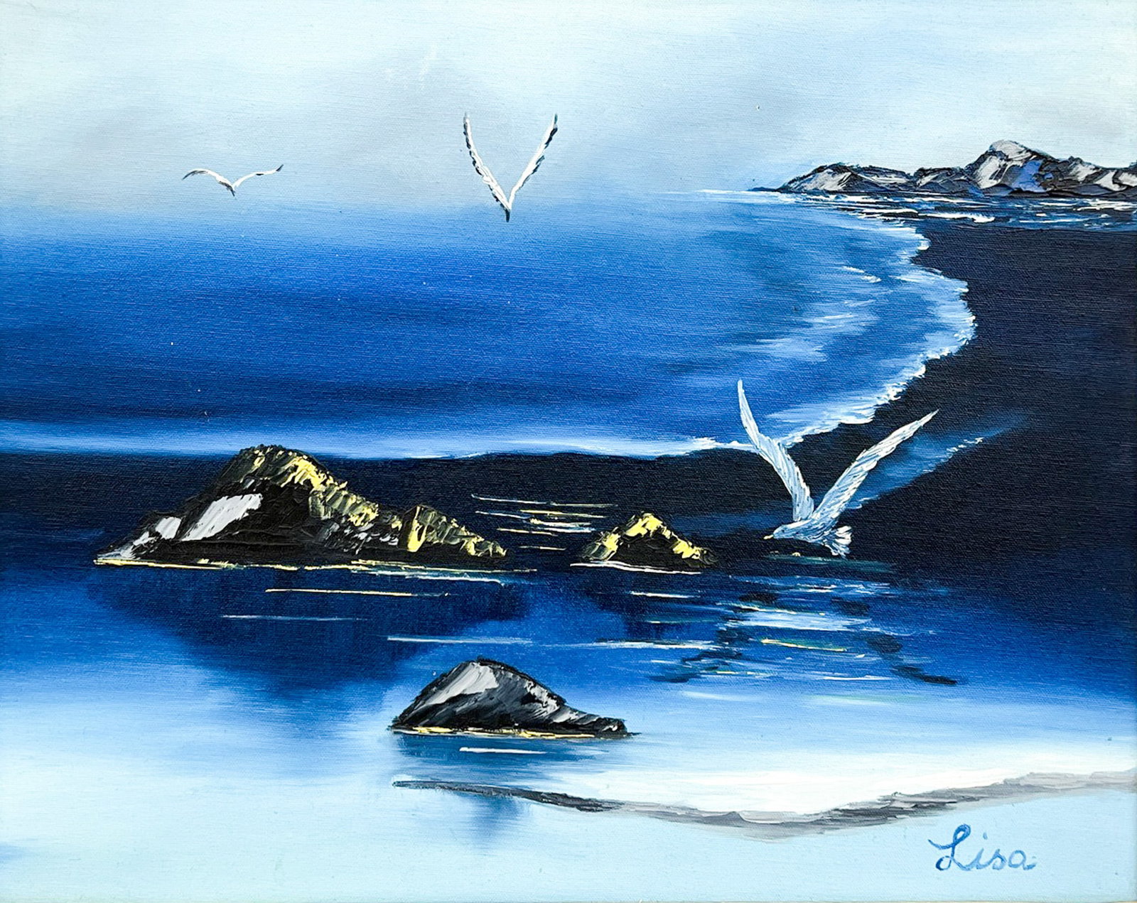 Lisa Hummel "Blue Water" 1974 Oil on Canvas: Lisa Hummel (20th Cent. California) "Blue Water" 1974 Oil on Canvas 20"x16" Image 24.5"x28" Framed. Signed lower right. Excellent condition, not examined outside of framing.