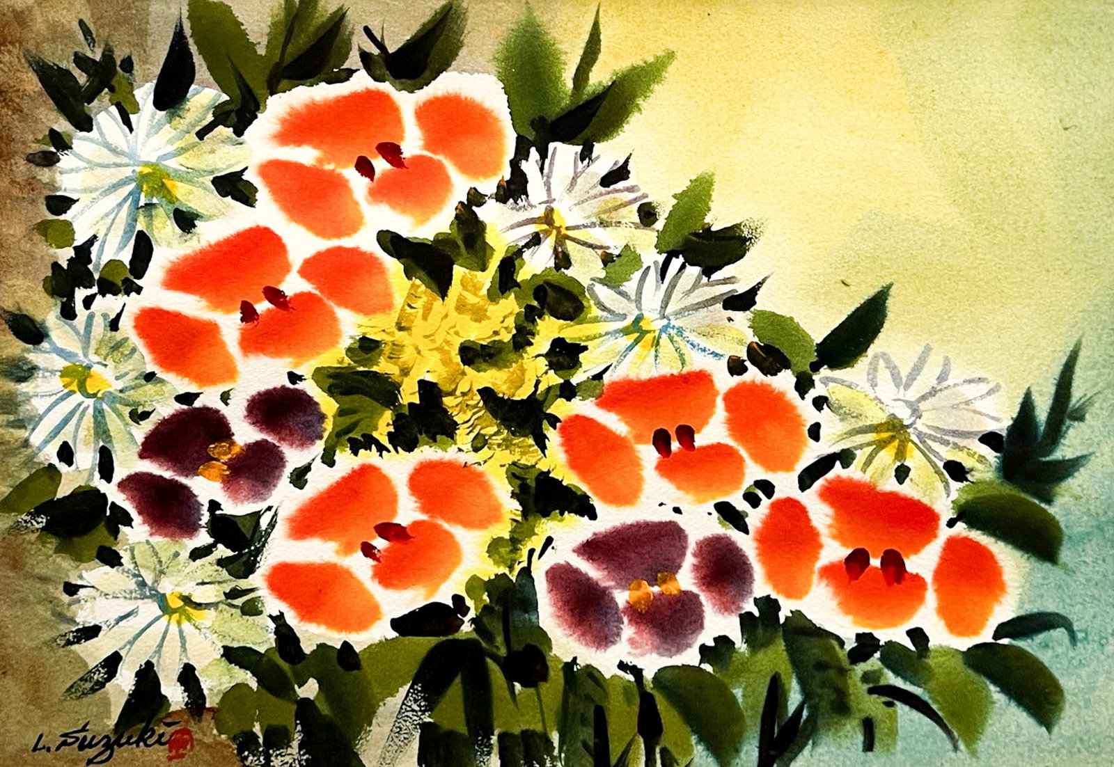 Lewis Suzuki "Bouquet" Watercolor on Paper: Lewis Suzuki (1920-2016 California) "Bouquet" Watercolor on Paper 10"x14" Image 14"x18" Framed. Signed lower left. Excellent condition, not examined outside of framing.
