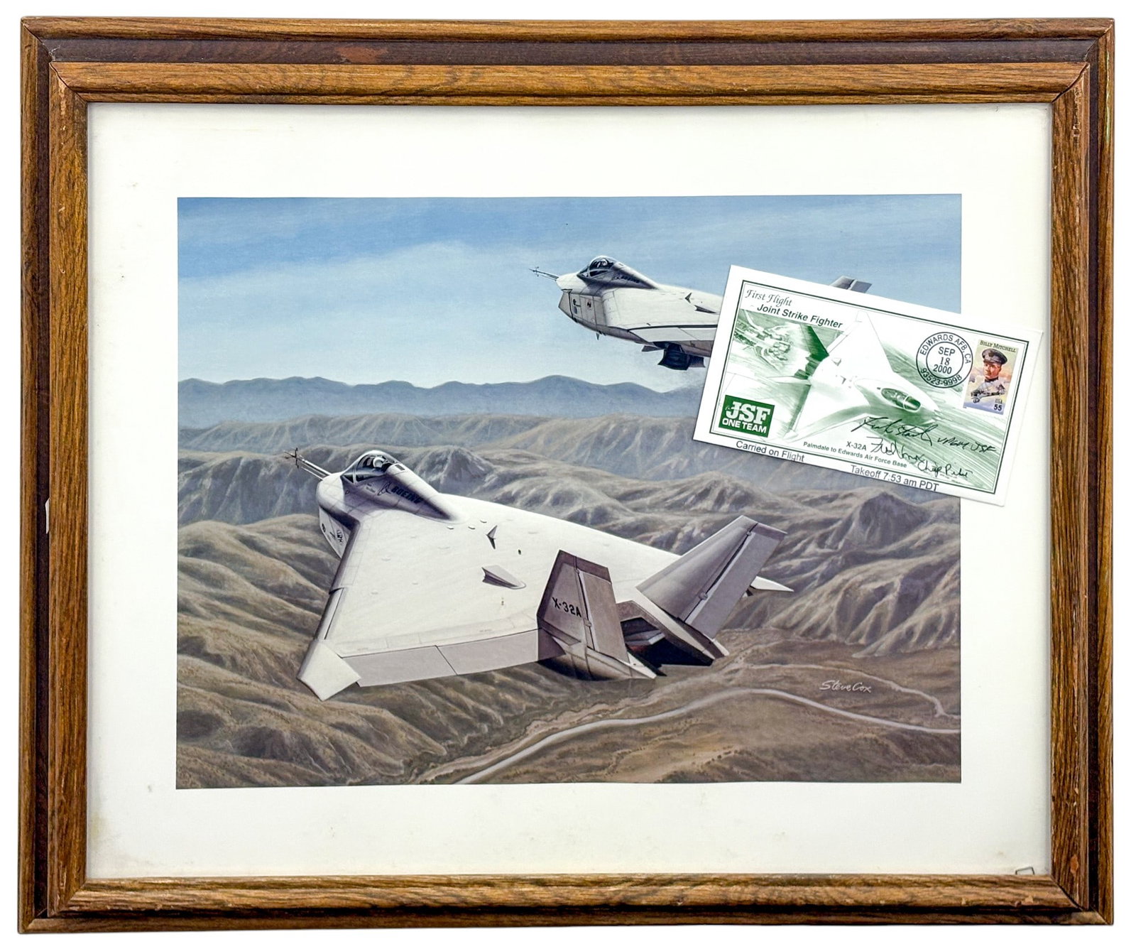 Steve Cox "Boeing X-32A" Lithograph: Steve Cox (20th/21st Cent. American) "Boeing X-32A" Lithograph. 15.25"x19.5" image 18.75"x22.5" framed. Plate signed lower right. Minor staining along edges. Not examined outside of framing. Includes