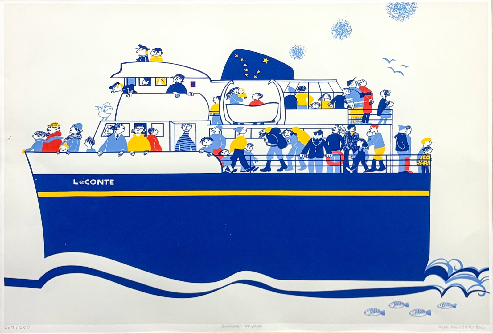 Rie Munoz "Summer Voyage" 1980 Serigraph: Rie Munoz (1921-2015 California Alaska) "Summer Voyage" 1980 Serigraph. 16"x23" image 23"x29" framed. Pencil signed and numbered 207/250. Excellent condition. Not examined outside of framing.