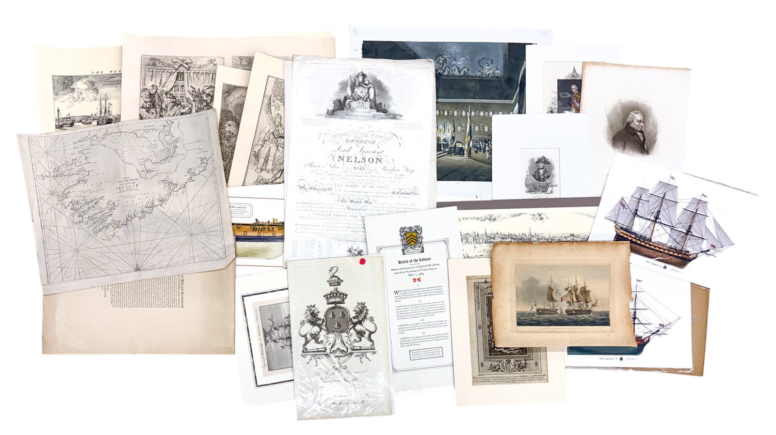 28pc Admiral Nelson Etchings, Lithographs, etc.: 28pc Admiral Nelson Etchings, Lithographs, etc. 25"x18" largest loose. Condition varies.
