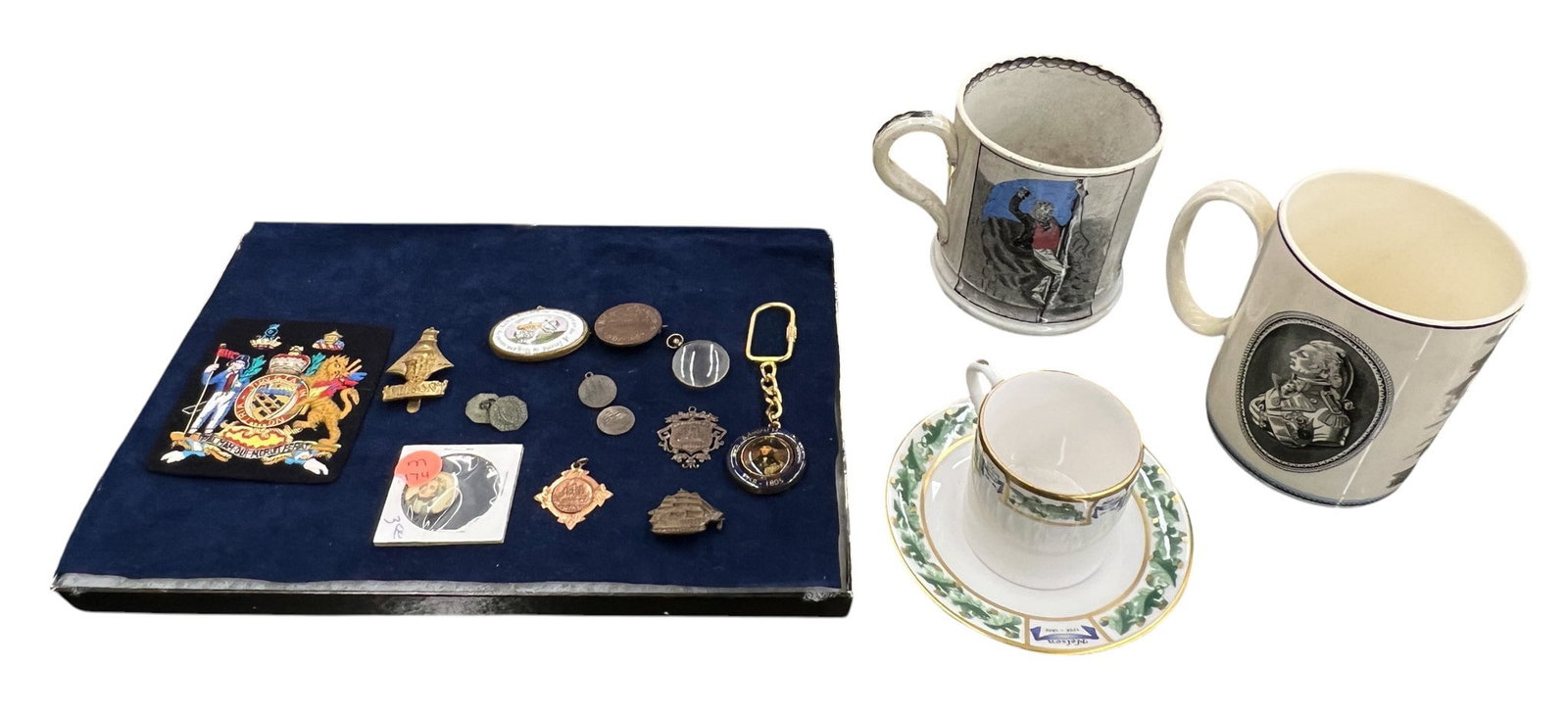 15pc Admiral Nelson Commemorative Cups, Pins, Patches, etc.: 15pc Admiral Nelson Commemorative Cups, Pins, Patches, etc. 4.75" largest.