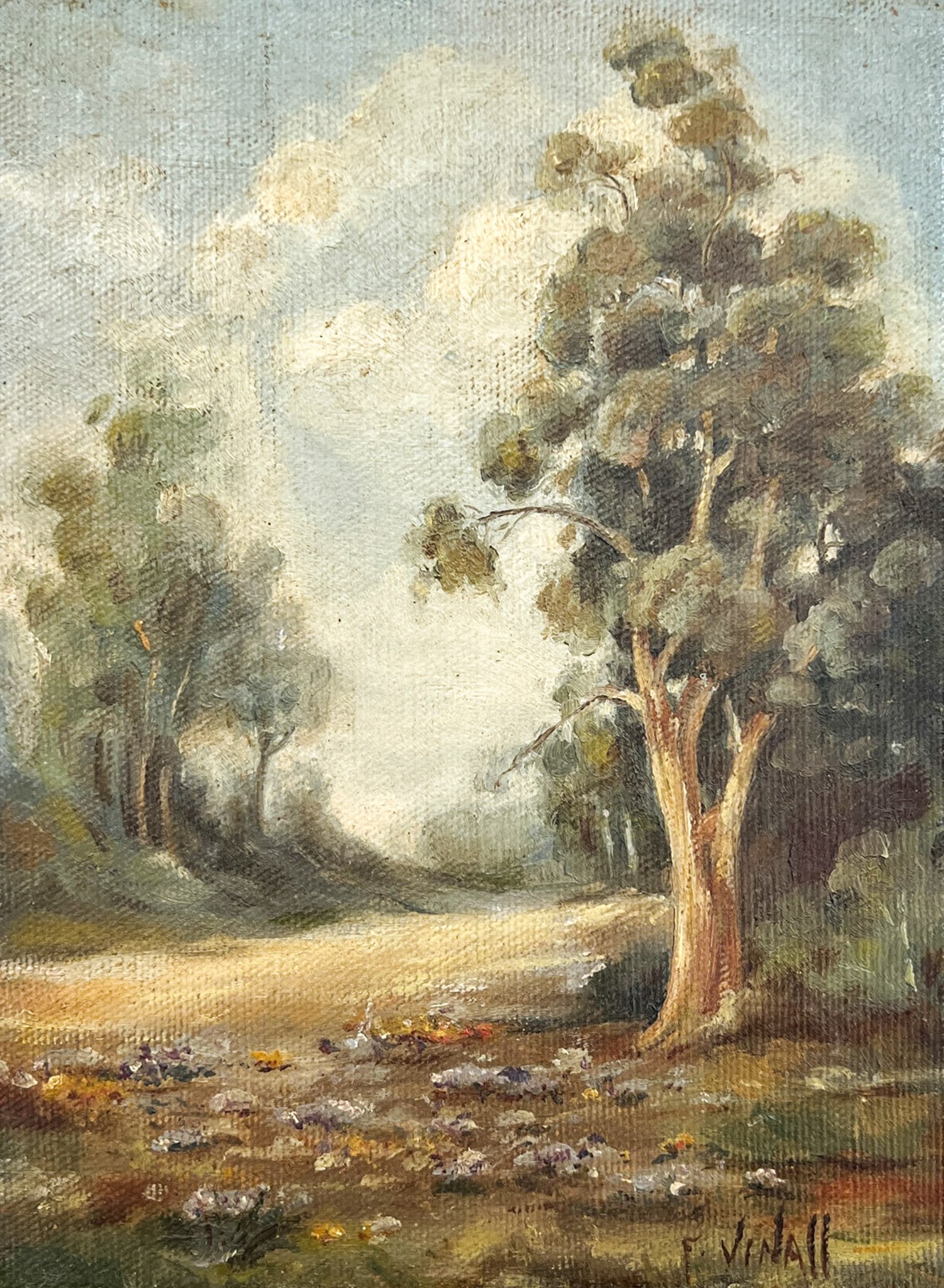 Unknown Artist "English Landscape" Oil on Board: Unknown Artist "English Landscape" Oil on Board. 8"x6" loose. Signed "F. Vinall" lower right. Some paint loss and chips in board around edges.