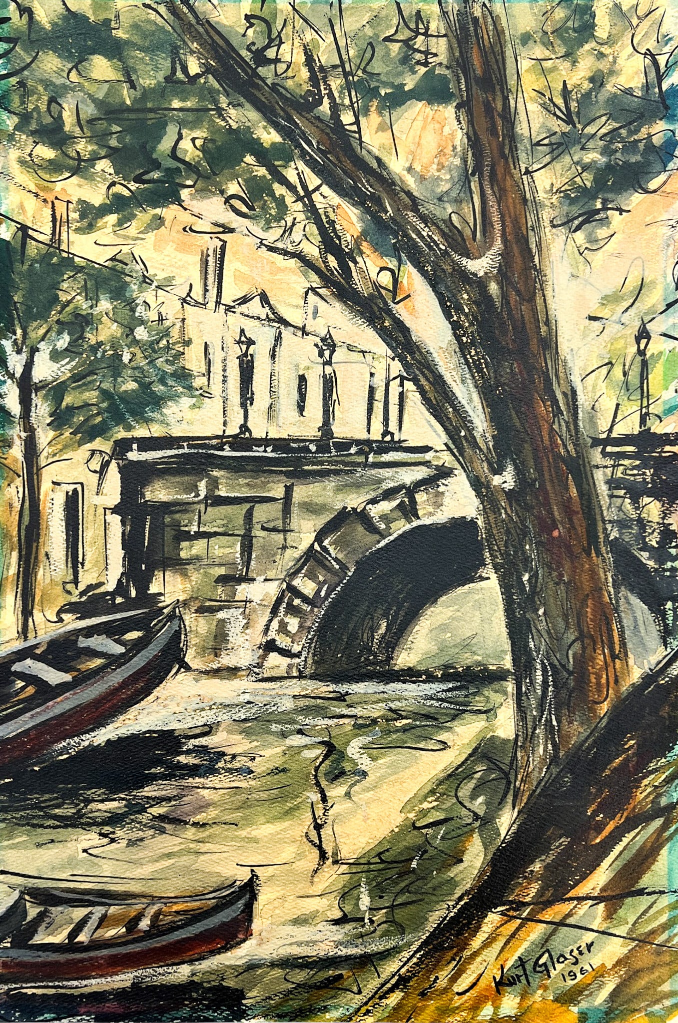 Kurt Glaser 1961 "Bridge View" Watercolor on Paper: Kurt Glaser (20th Century European) 1961 "Bridge View" Watercolor on Paper. 20.5"x14" loose. Signed lower right. Excellent condition.